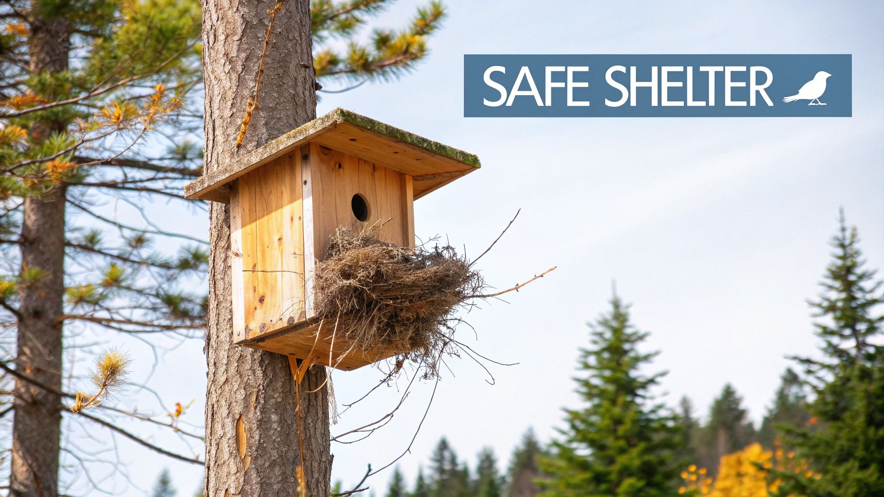 A birdhouse hanging from a tree branch in a green, leafy yard.