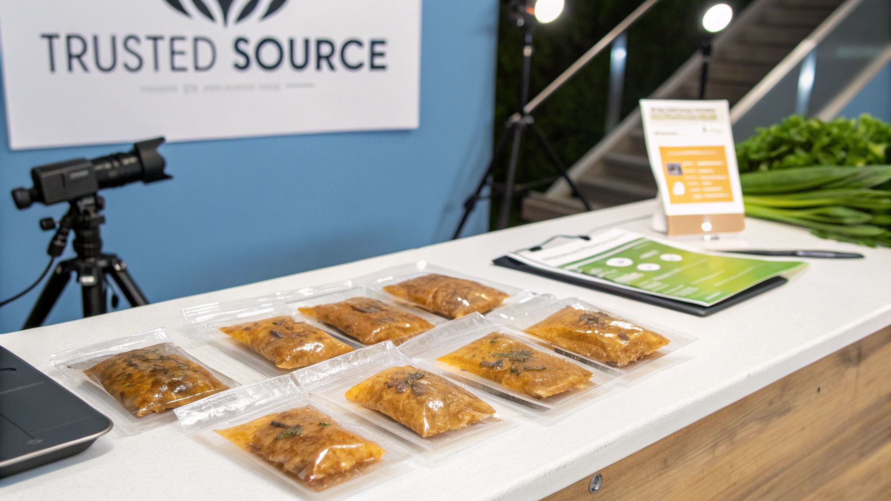 Vacuum-sealed pouches of a brown substance are displayed on a table with a camera and 'TRUSTED SOURCE' banner.