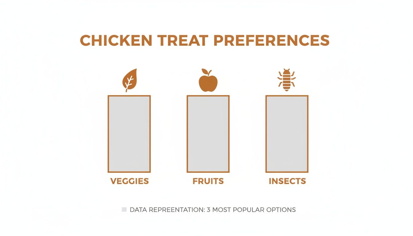 Graphic titled 'Chicken Treat Preferences' illustrating empty bars for veggies, fruits, and insects.