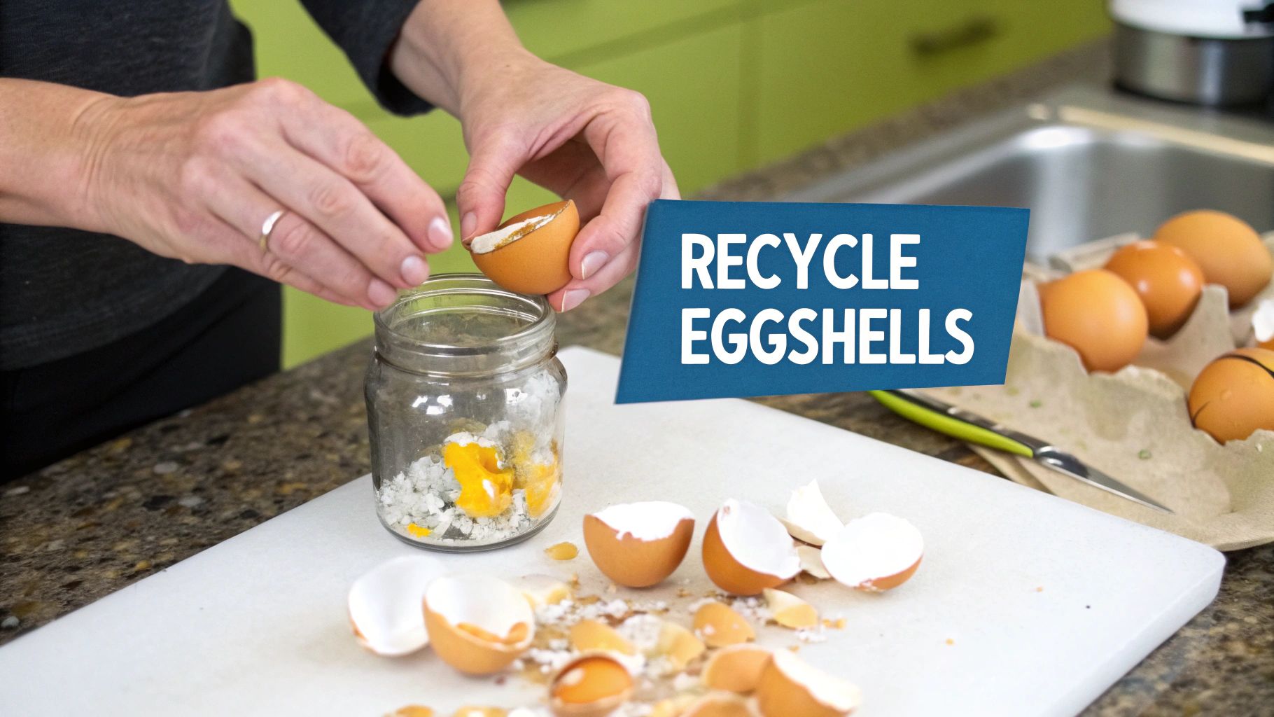 Crushed eggshells in a bowl, ready to be used as a calcium supplement.
