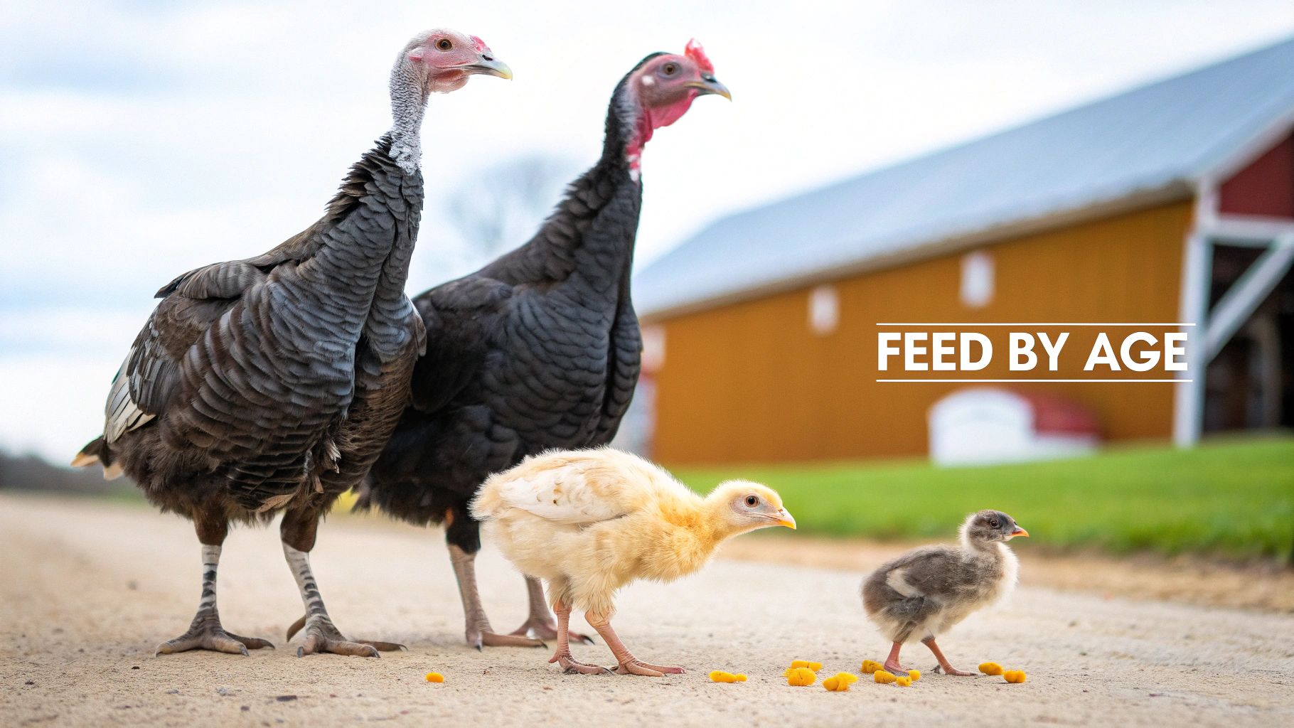 Two adult turkeys and two turkey chicks of different ages on a farm road, with a barn, text 'FEED BY AGE'.