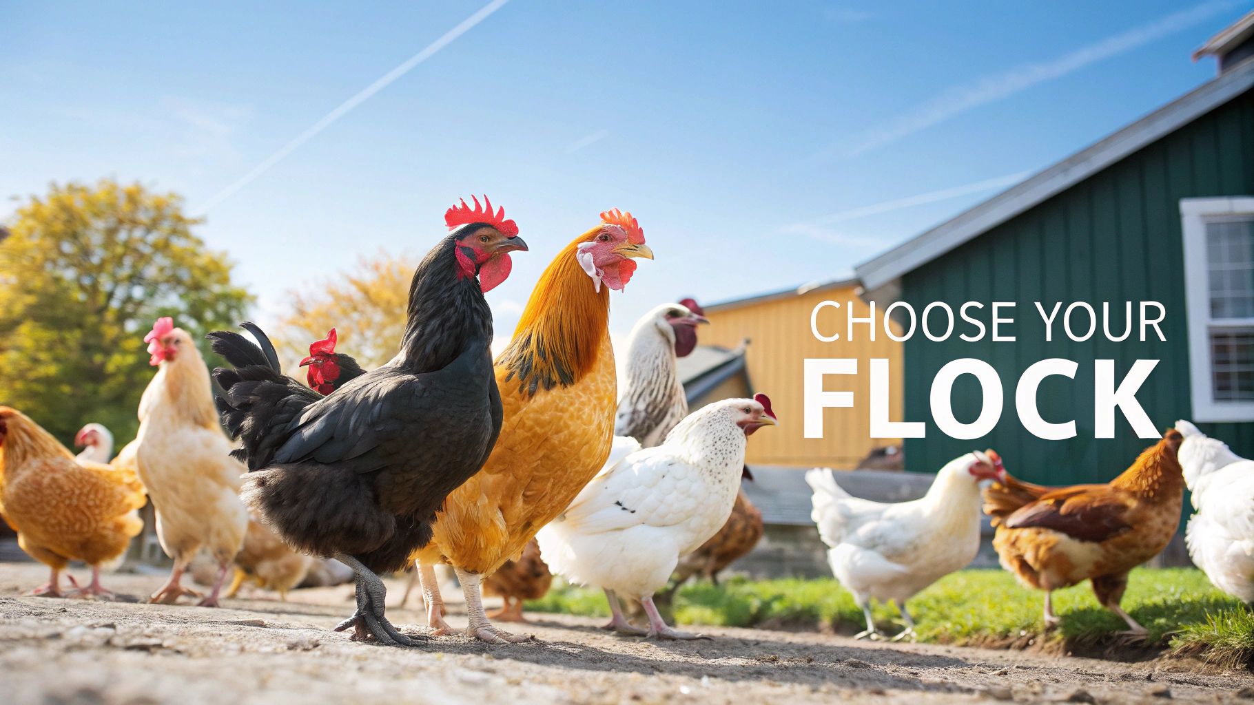 Three healthy hens of different breeds standing in a green pasture