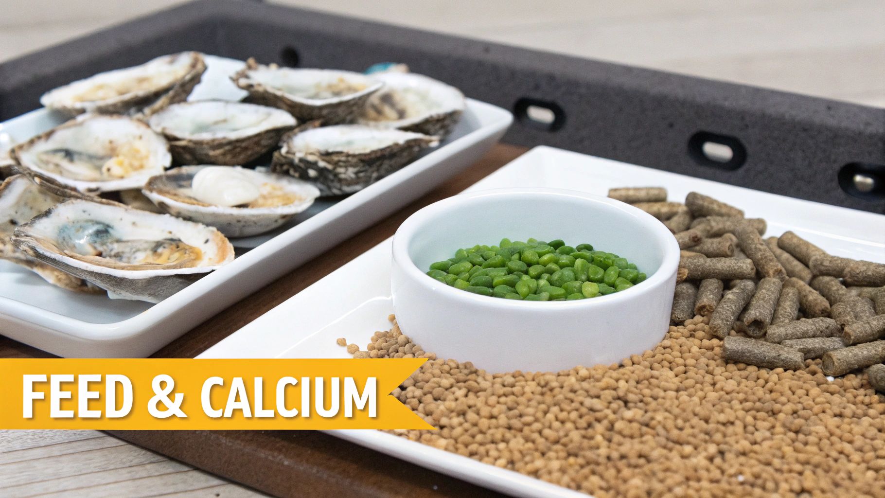 Opened oyster shells and various types of feed pellets, including green and brown, for animal nutrition and calcium.