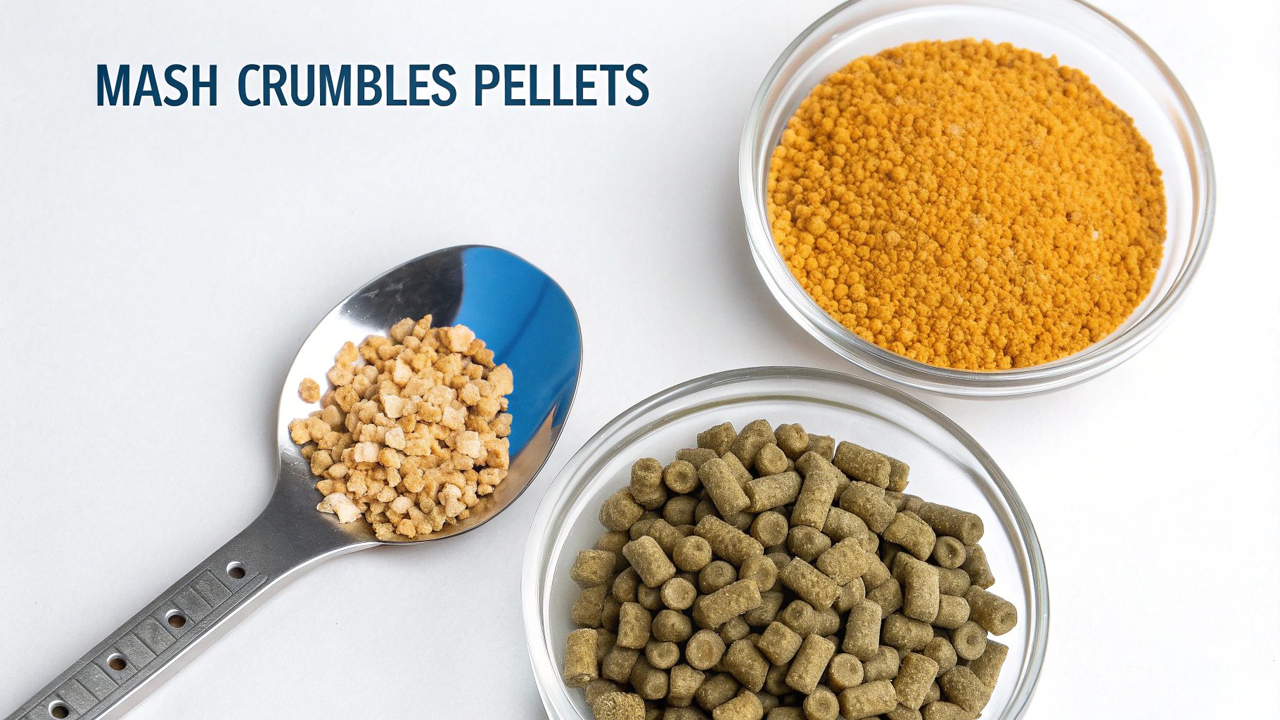 A spoon of crumbles, a bowl of yellow mash, and a bowl of green pellets, displaying different chicken feed types.