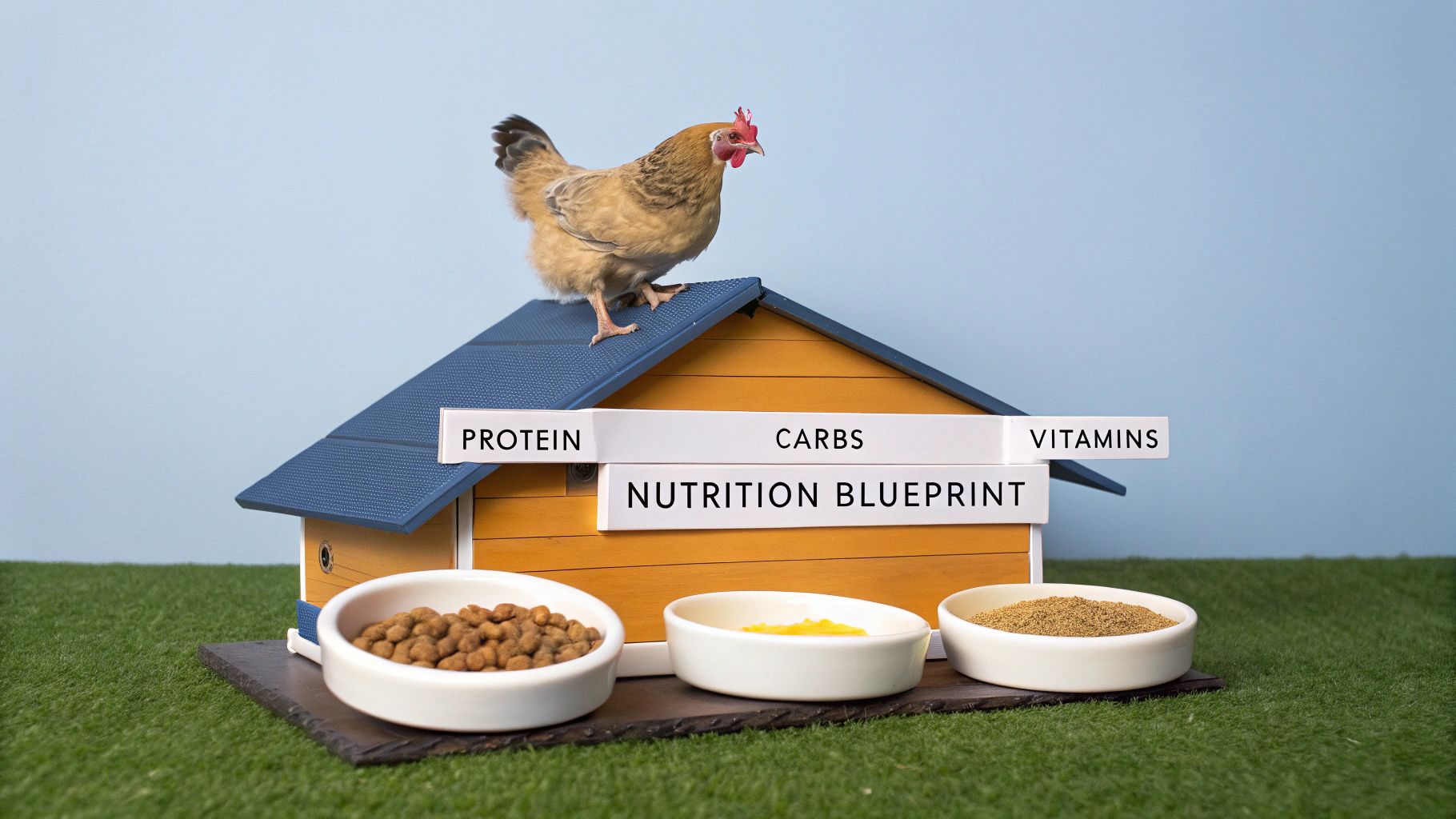 A close-up of a chicken eating from a bowl of feed, with fresh vegetables in the background.