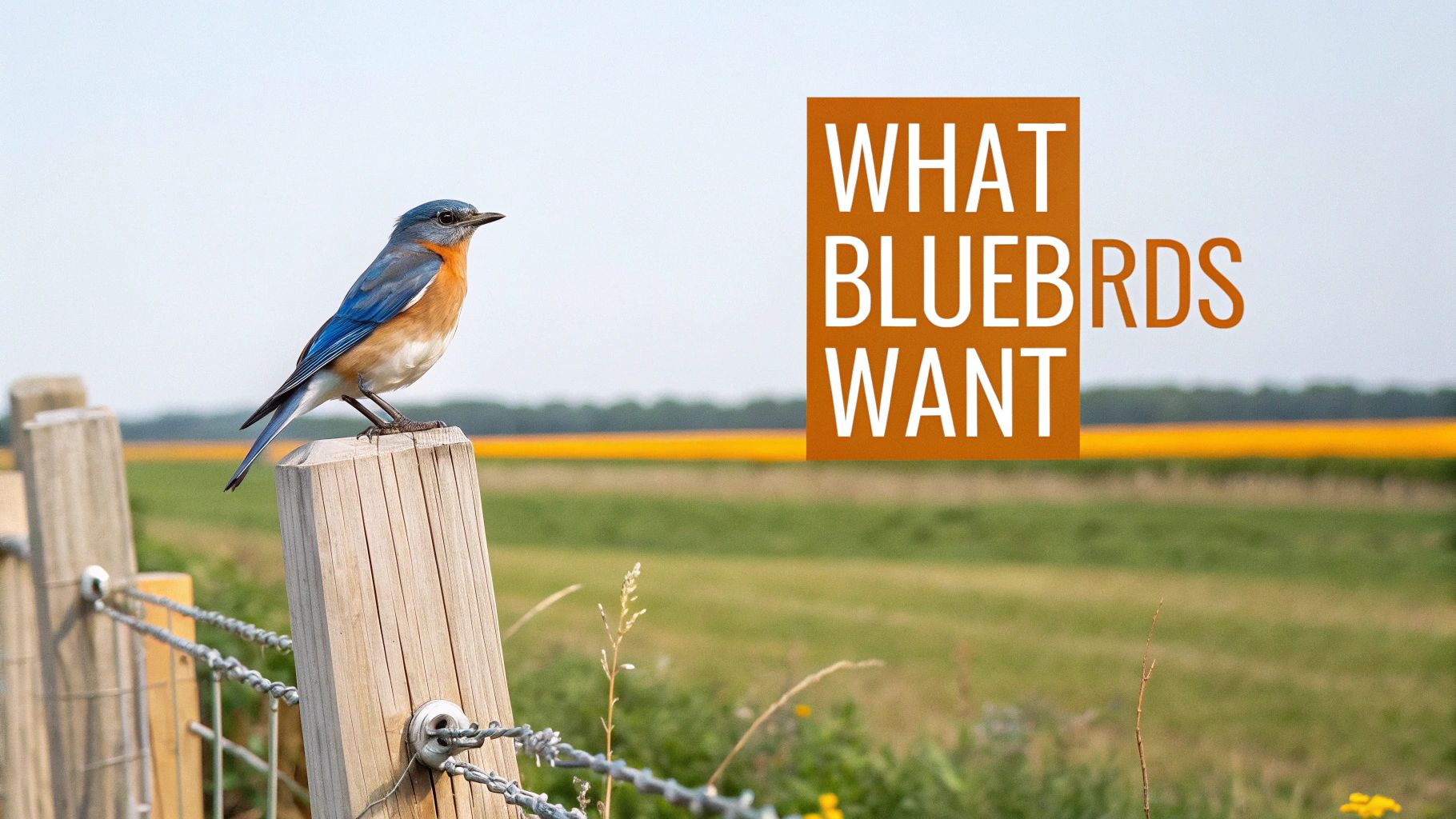 A vibrant bluebird perched on a weathered wooden fence post with a field and text 'WHAT BLUEBIRDS WANT'.