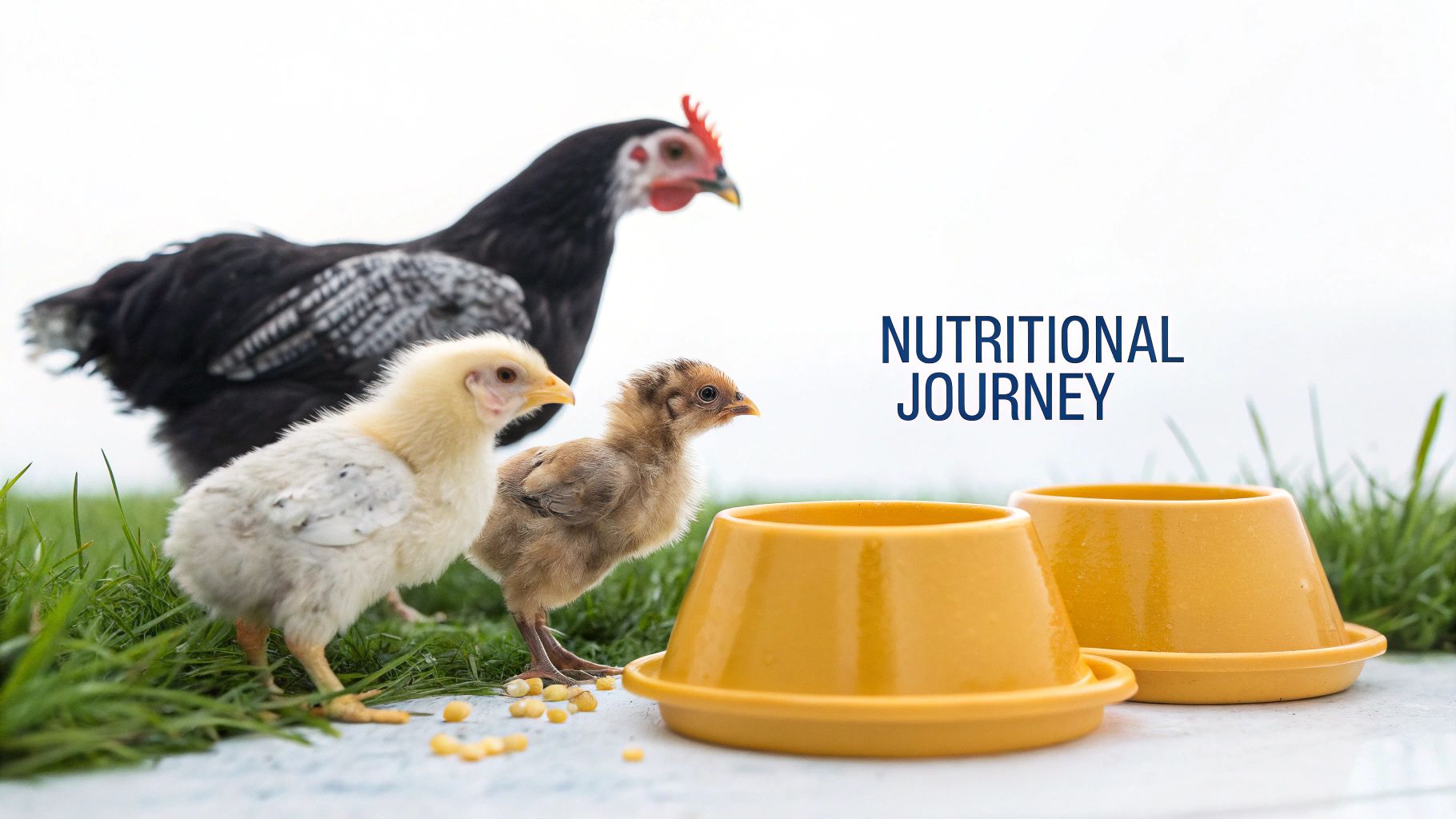 A black hen and two small chicks, one yellow, one brown, with feed bowls on grass.