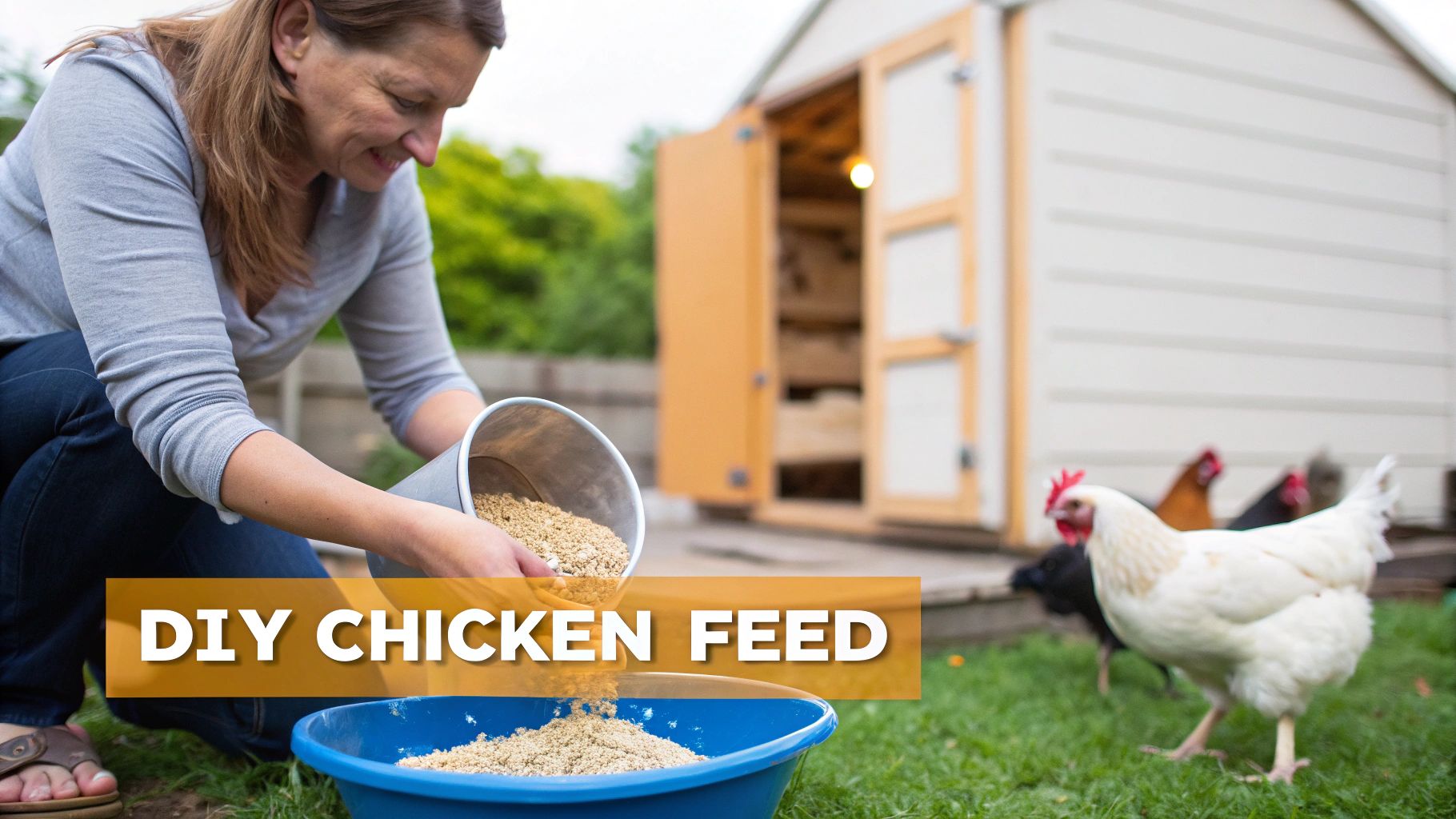A person scooping homemade chicken feed from a large metal bin into a smaller bucket.