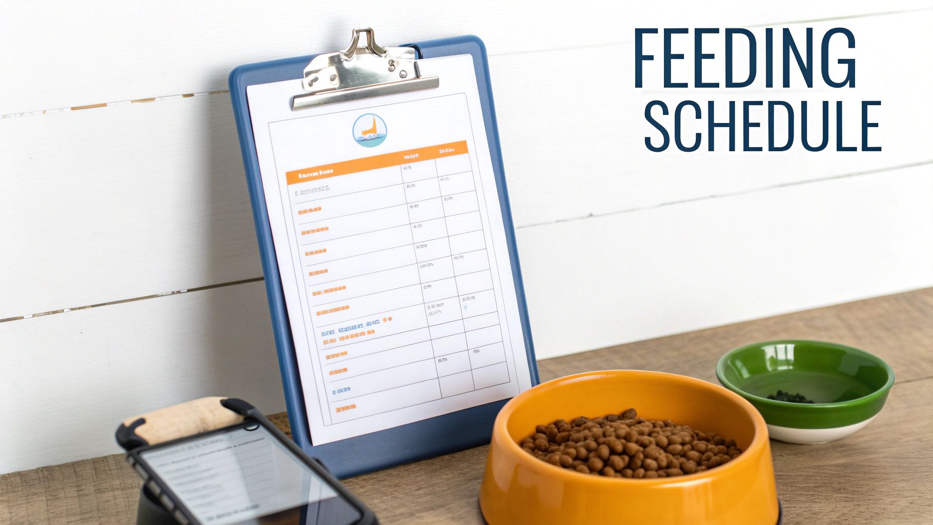 Clipboard with a feeding schedule, pet food bowls, and a smartphone on a wooden surface.