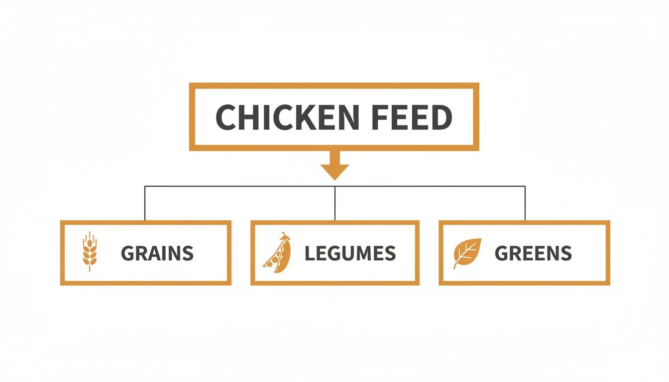 Diagram showing chicken feed categorized into grains, legumes, and greens with illustrative icons.