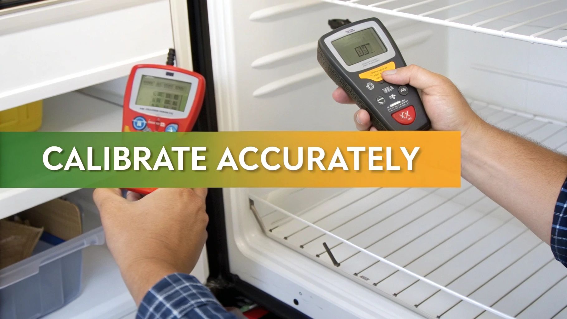A person's hand placing an independent thermometer inside a small egg incubator to check the temperature