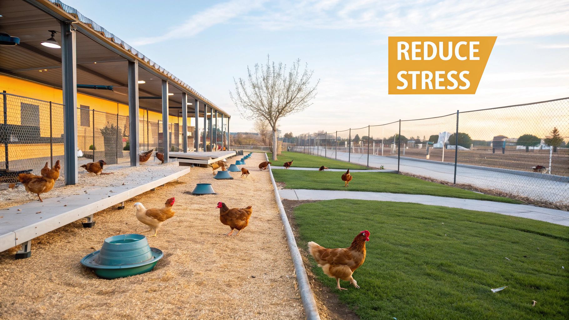 A clean, spacious chicken farm with numerous brown hens roaming freely on grass and gravel under sunlight.