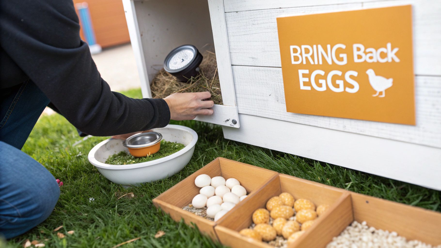 A person tends to a chicken coop with a 'Bring Back Eggs' sign, next to trays of eggs and feed.