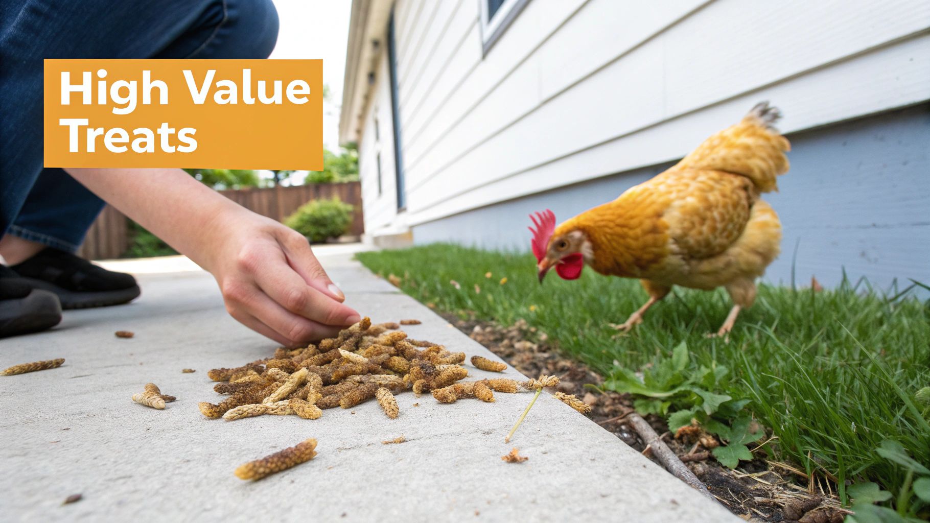 A person crouches to offer a pile of dried worms, described as high-value treats, to a golden chicken.