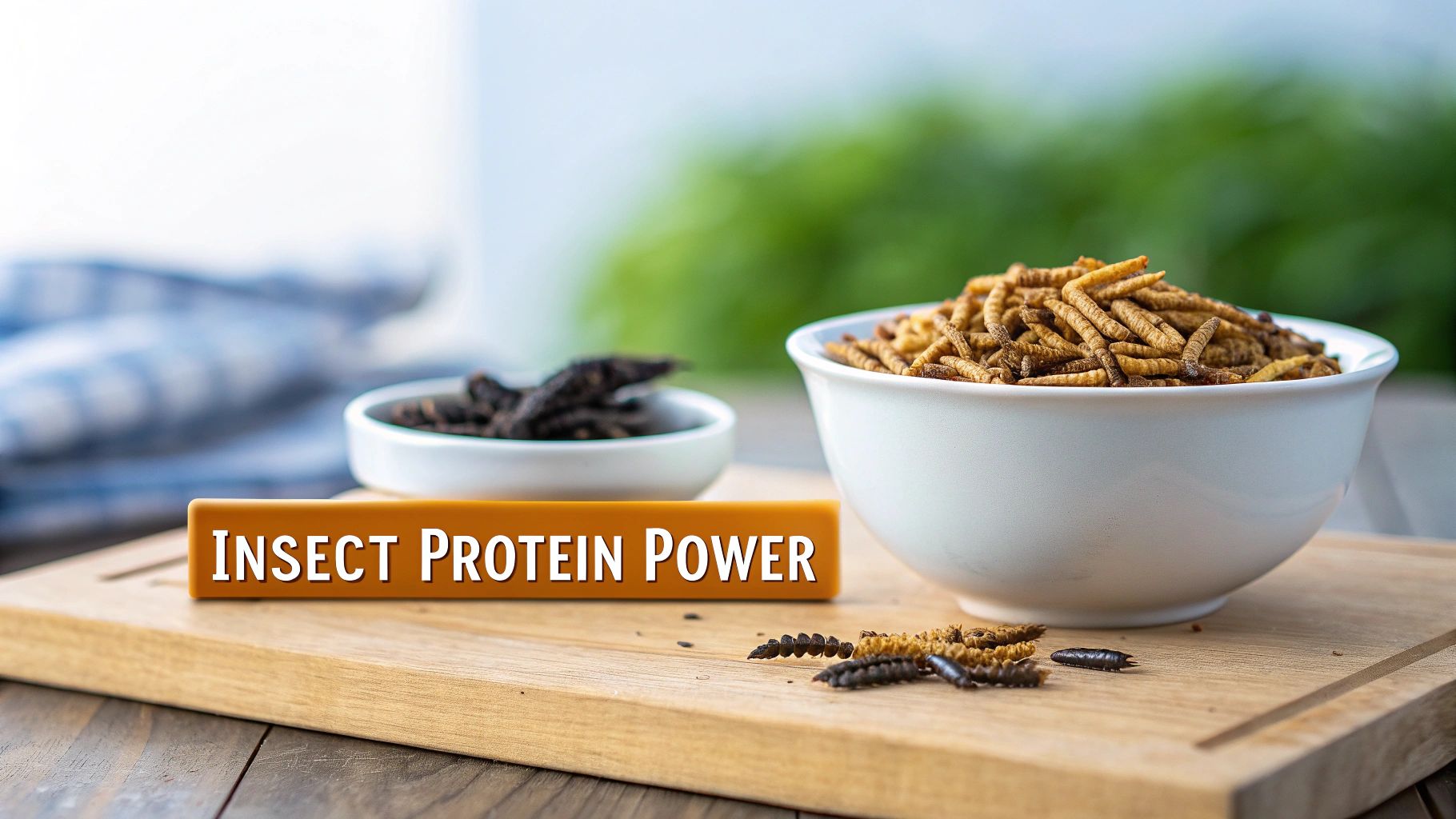 A chicken eating dried black soldier fly larvae from a person's hand.