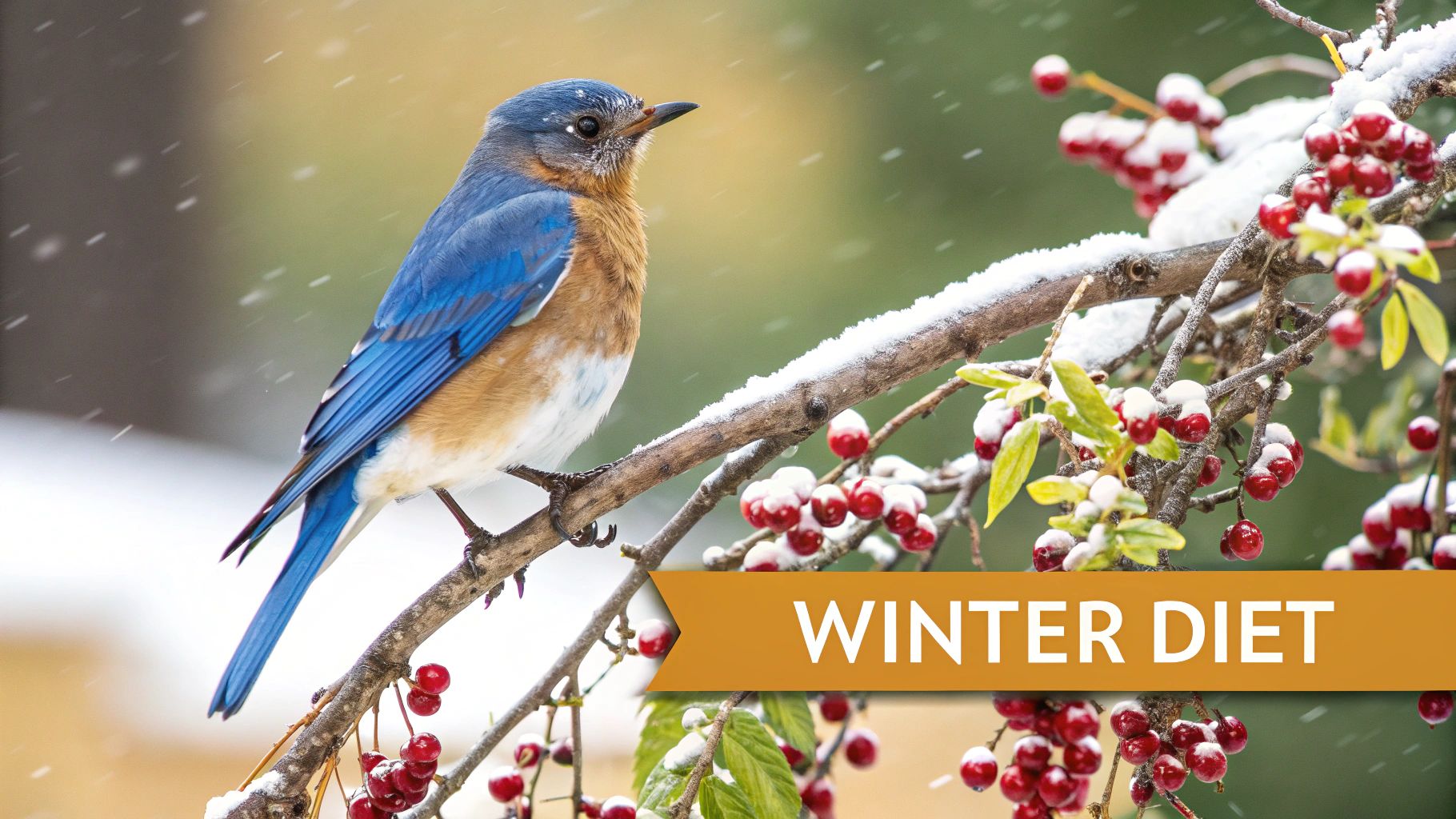 A vibrant bluebird perches on a snow-covered branch with red berries during a winter snowfall.