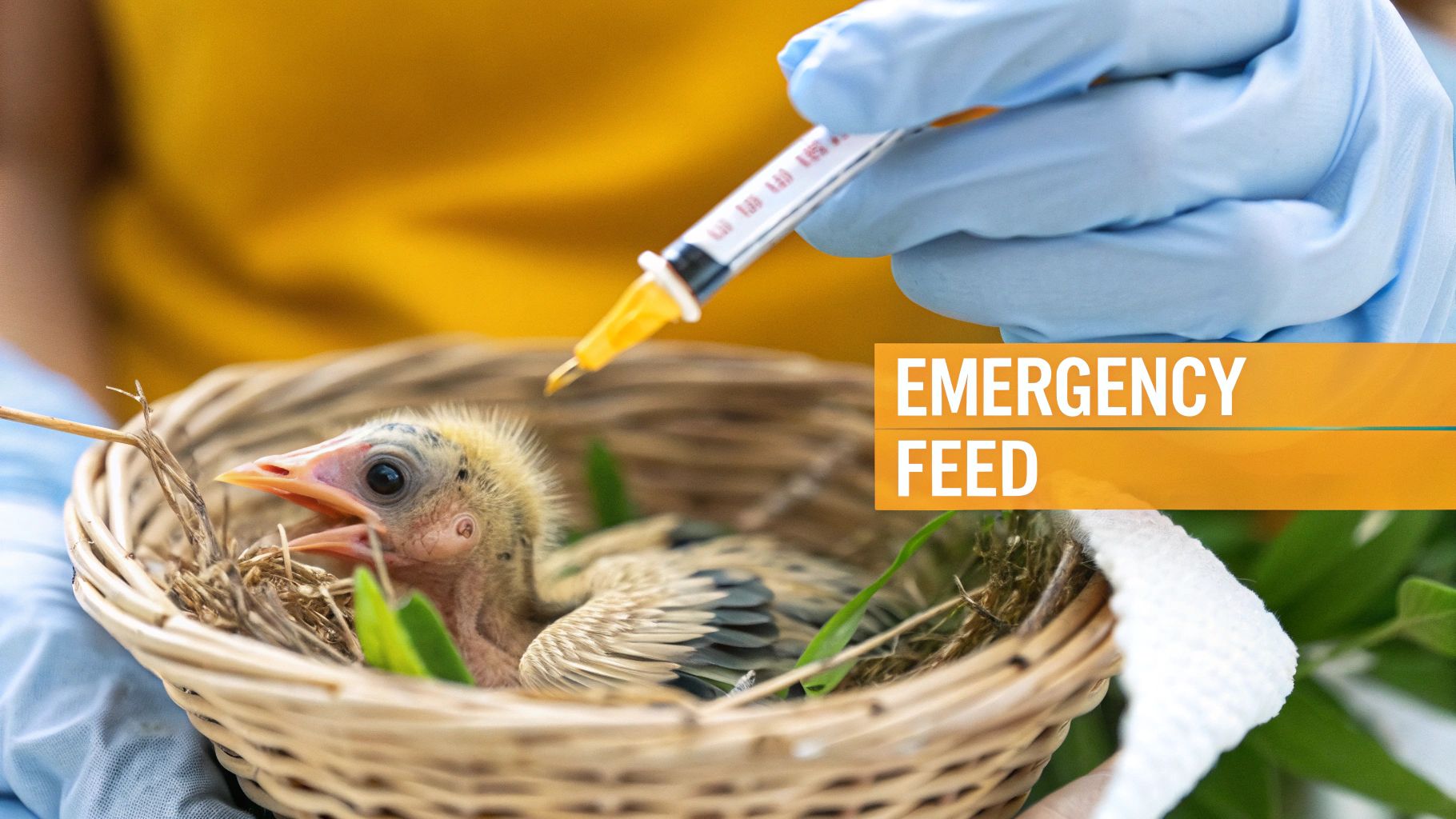 Gloved hand feeding a hungry baby bird in a woven nest with a syringe, labeled "Emergency Feed".