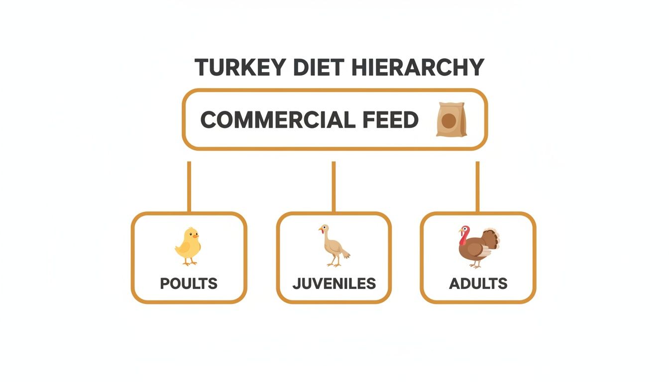 Turkey diet hierarchy infographic illustrates commercial feed for poults, juveniles, and adult turkeys.
