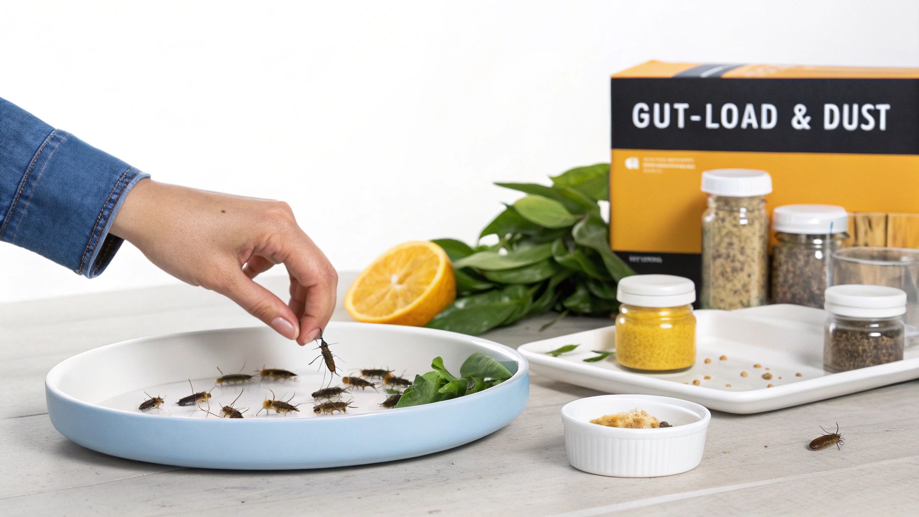 A hand picks an insect from a white and blue bowl, with 'GUT-LOAD & DUST' box and spices in the background.