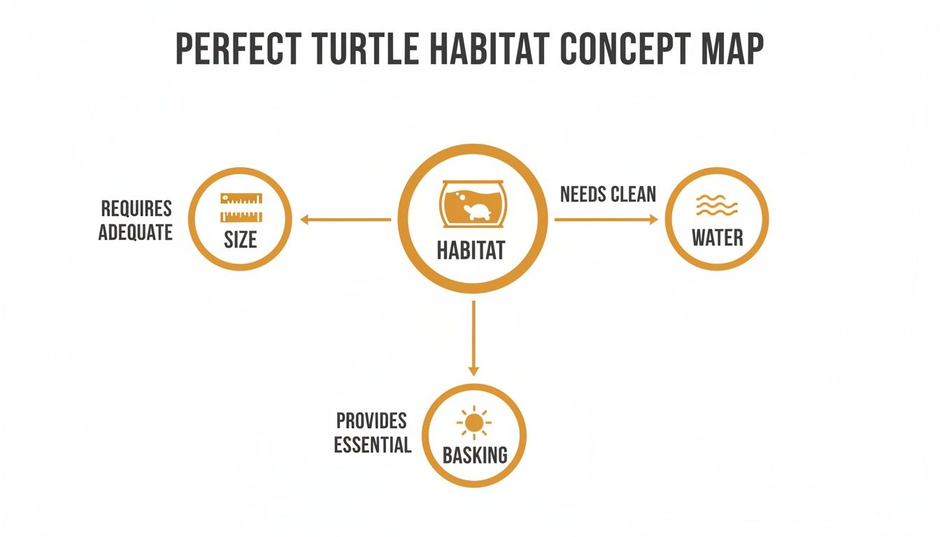 A concept map showing the essential requirements for a perfect turtle habitat: adequate size, clean water, and essential basking.