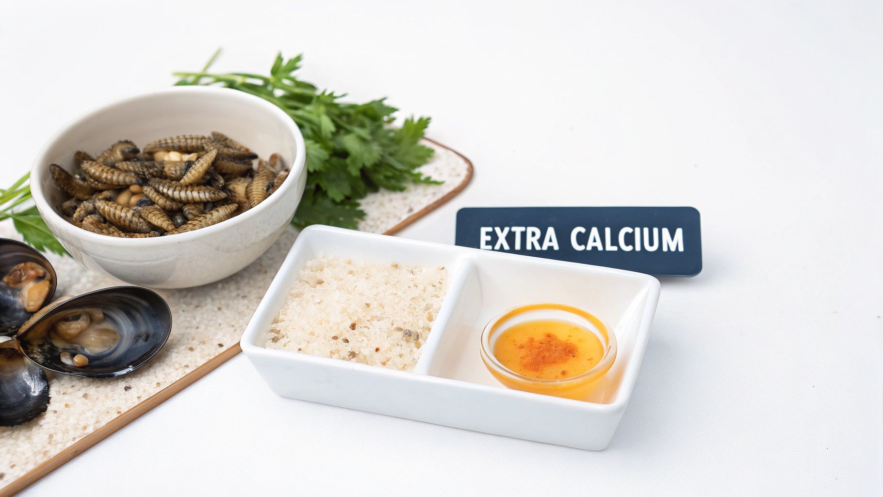 Edible insects, mussels, and seasonings on a white table, promoting 'Extra Calcium' content.