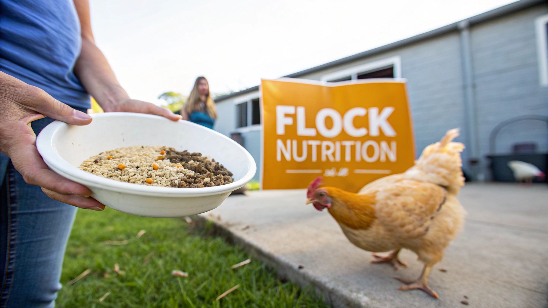 A person holds a white bowl of varied chicken feed for a chicken, with a 'FLOCK NUTRITION' sign.