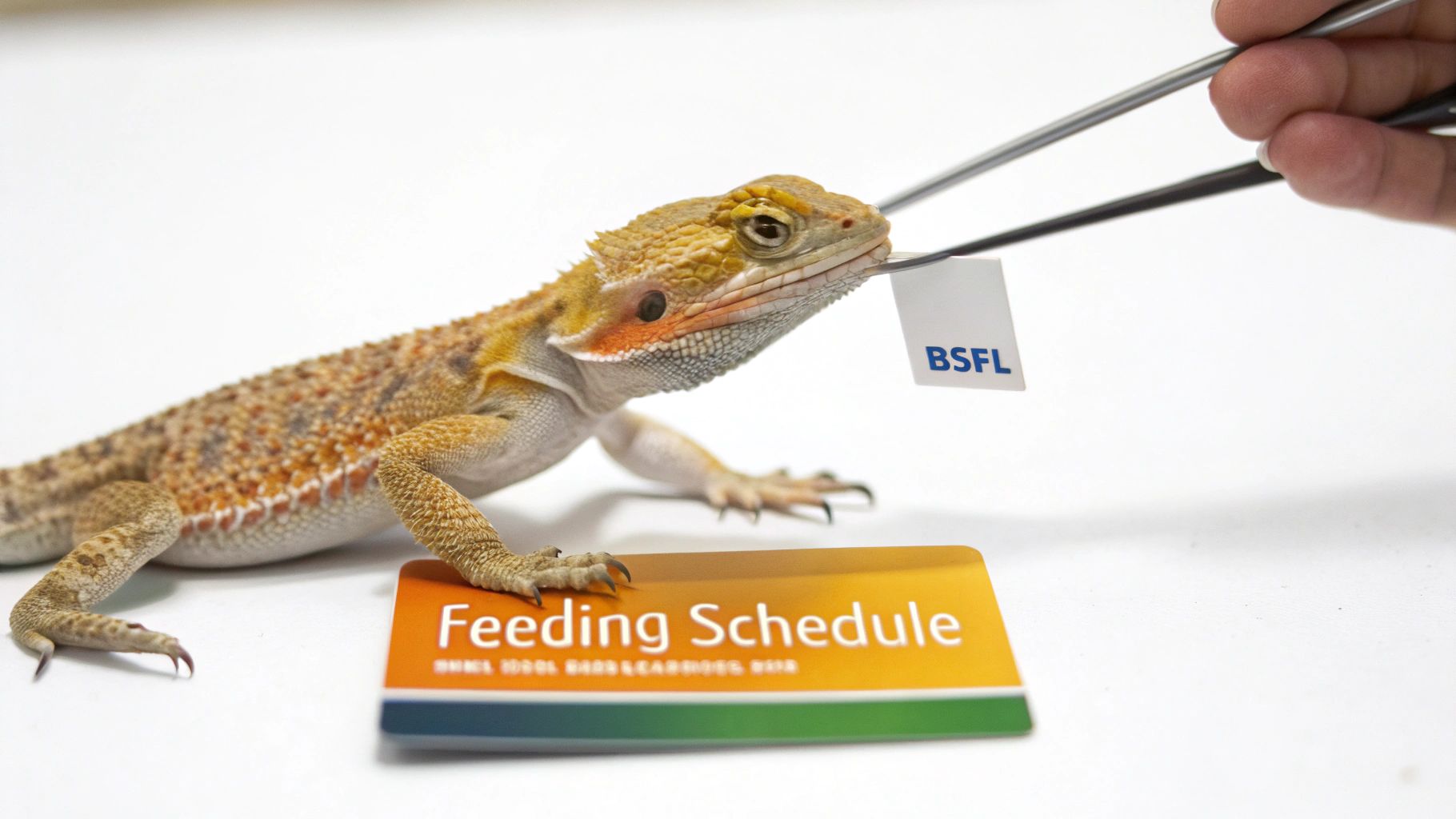 A close-up of a bearded dragon being fed a small white tag labeled 'BSFL' with tweezers, with a 'Feeding Schedule' card in the foreground.