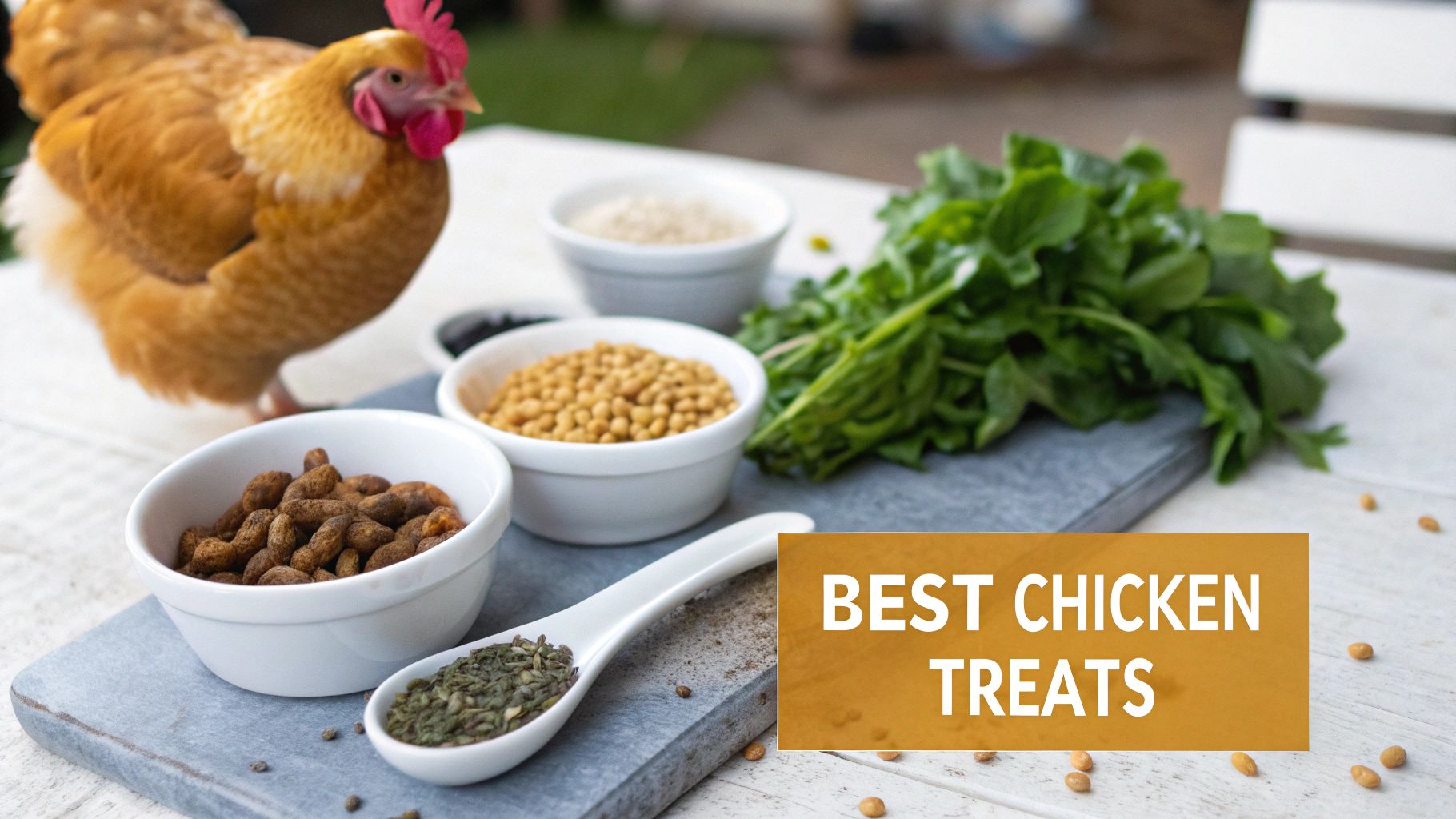 A chicken enjoying insect treats in a grassy area