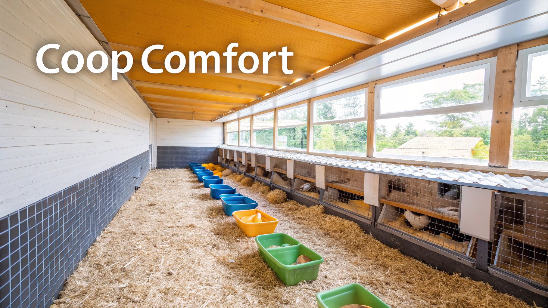 A clean, well-maintained chicken coop with fresh bedding, spacious nesting boxes, and a comfortable roosting area.