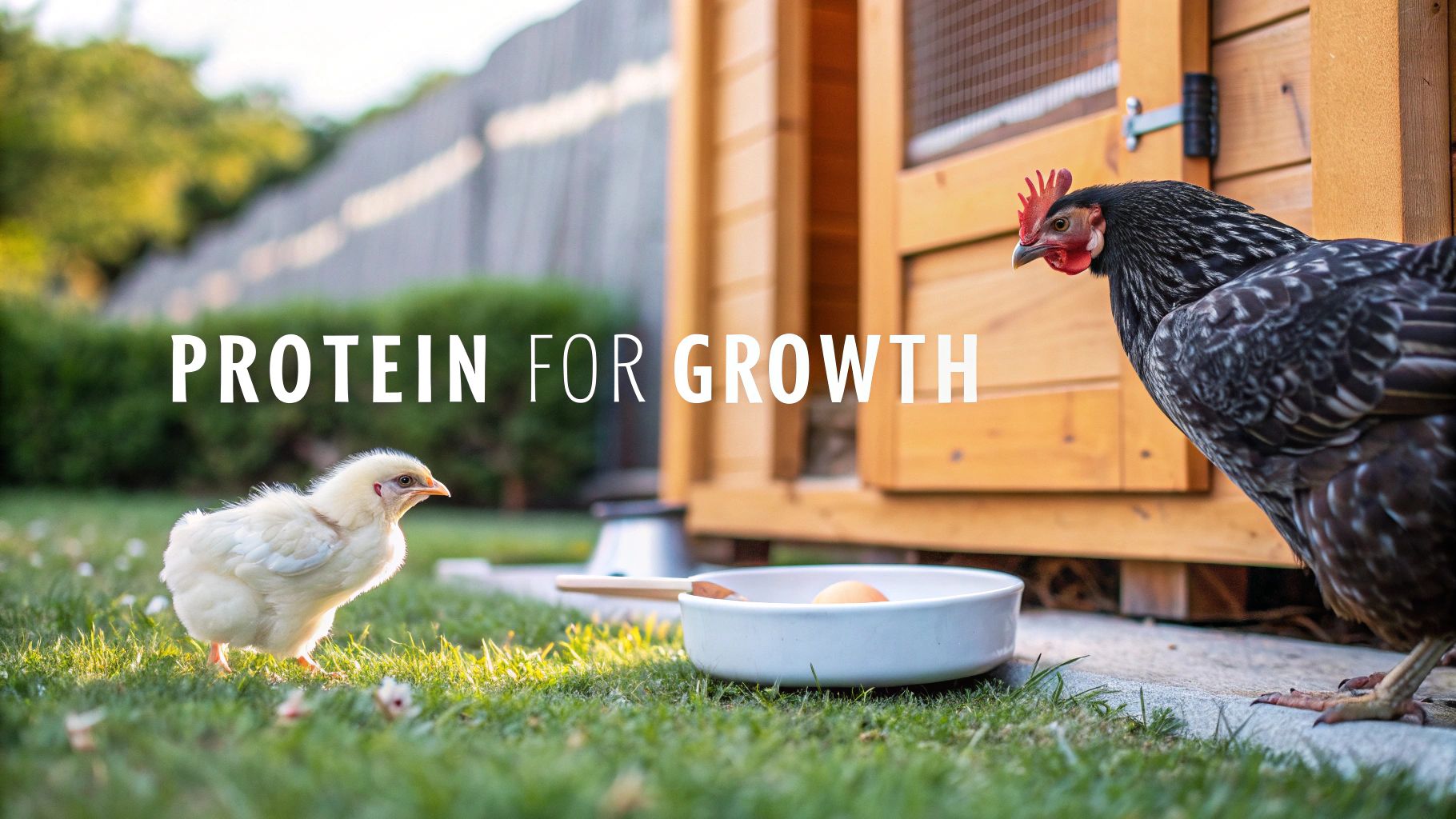 A fluffy yellow chick and a black hen on grass near a wooden coop with an egg in a bowl.
