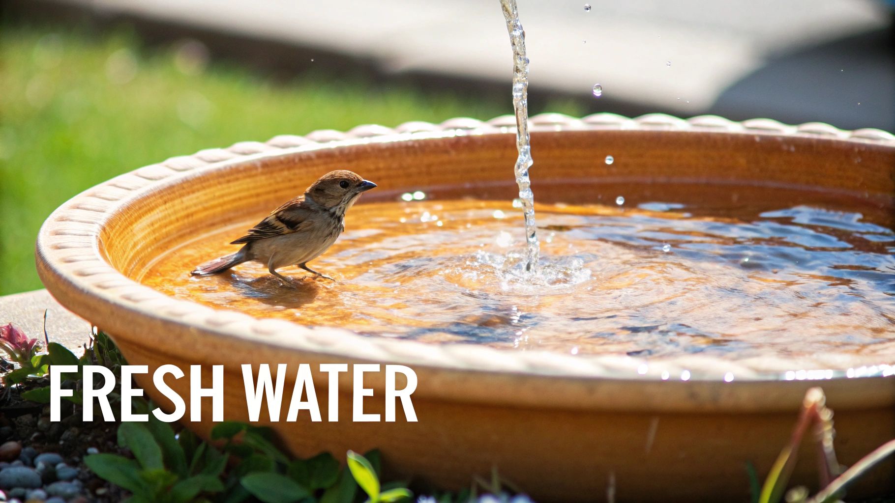 A robin splashes happily in a shallow bird bath.
