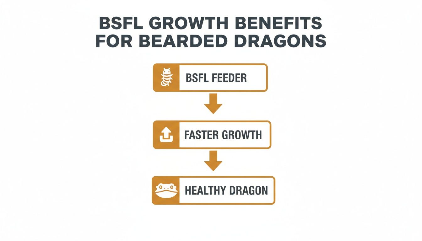 Flowchart illustrating the growth benefits of Black Soldier Fly Larvae (BSFL) for bearded dragons.
