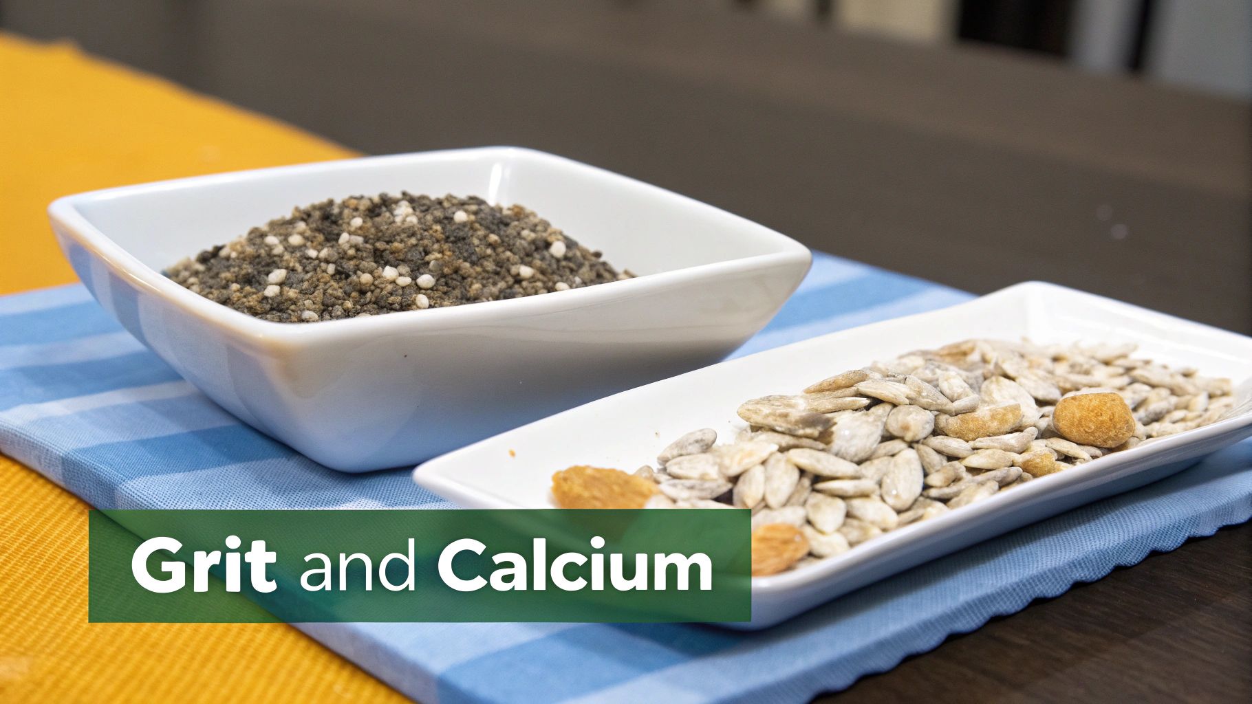 Bowls of dark grit and light calcium (oyster shells) on a blue placemat, labeled 'Grit and Calcium'.