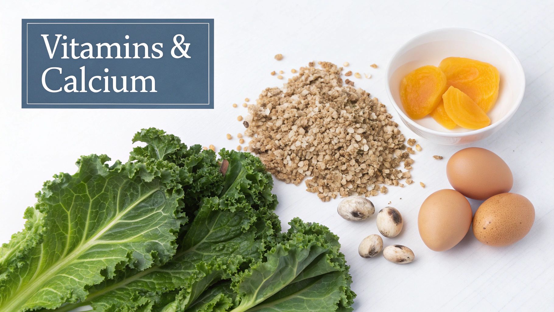 A variety of foods rich in vitamins and calcium, including kale, eggs, dried apricots, granola, and nuts.