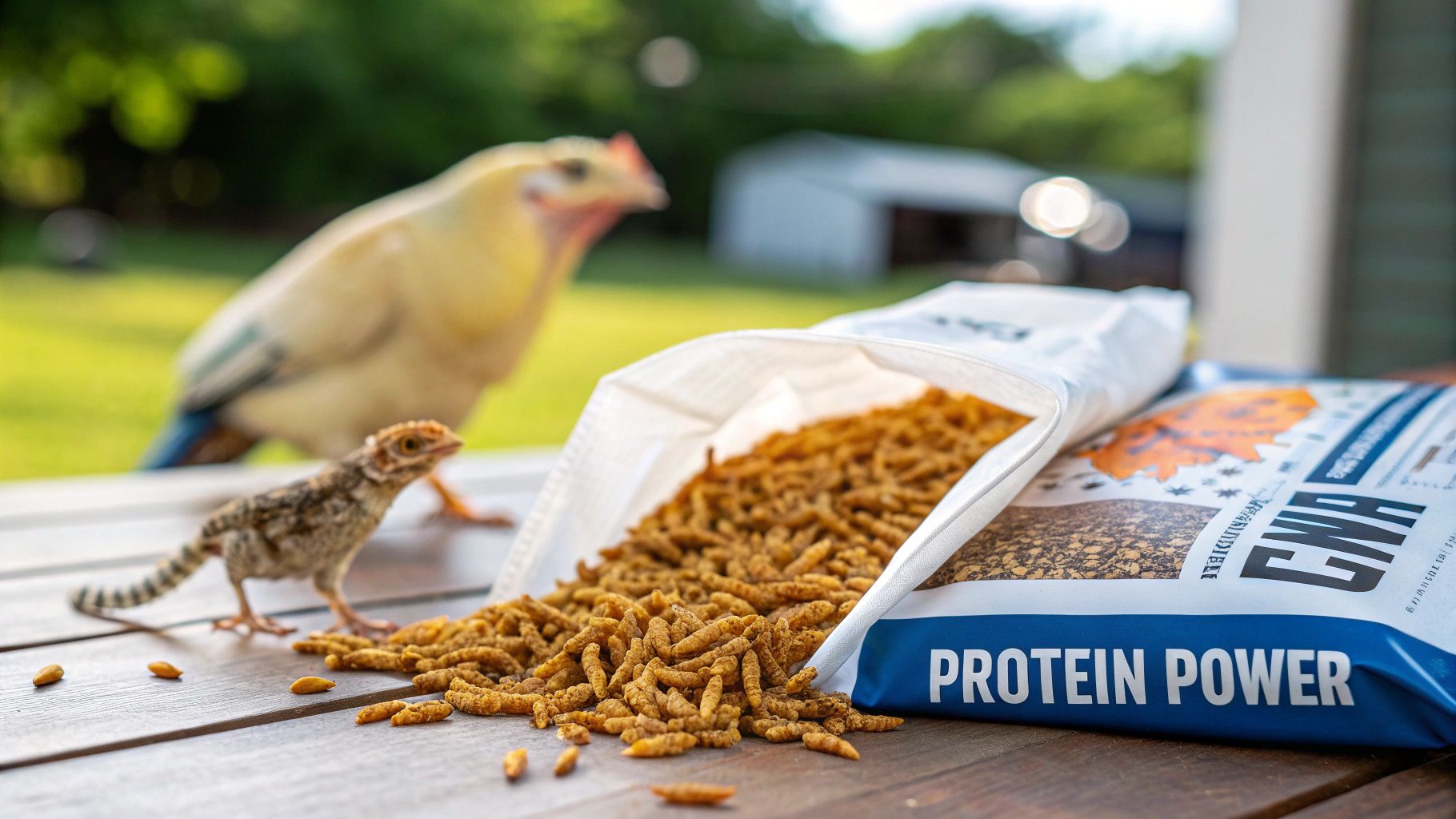 A small chick and adult chicken near spilled dried mealworms from a 'Protein Power' bag on a wooden table.