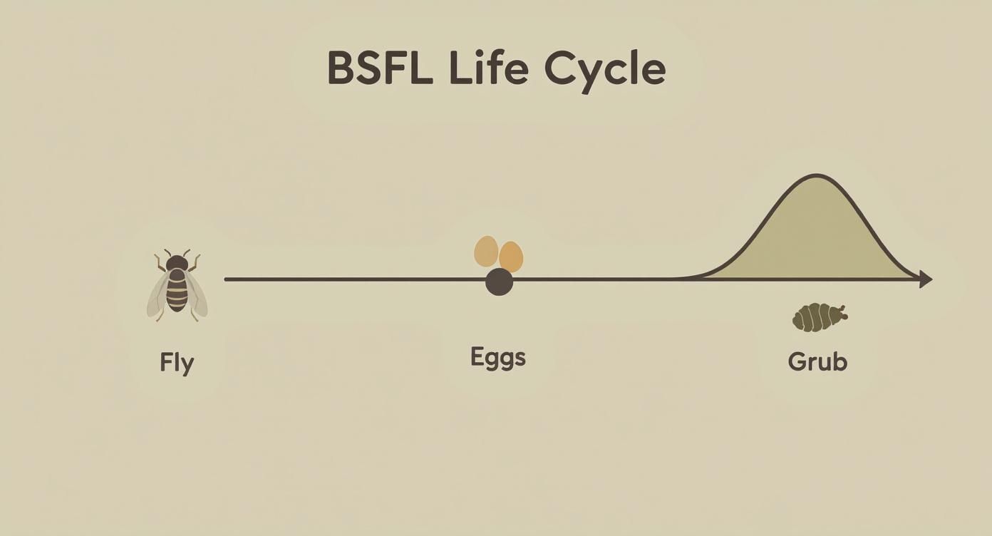 Diagram showing black soldier fly life cycle stages from adult fly through eggs to grub larva