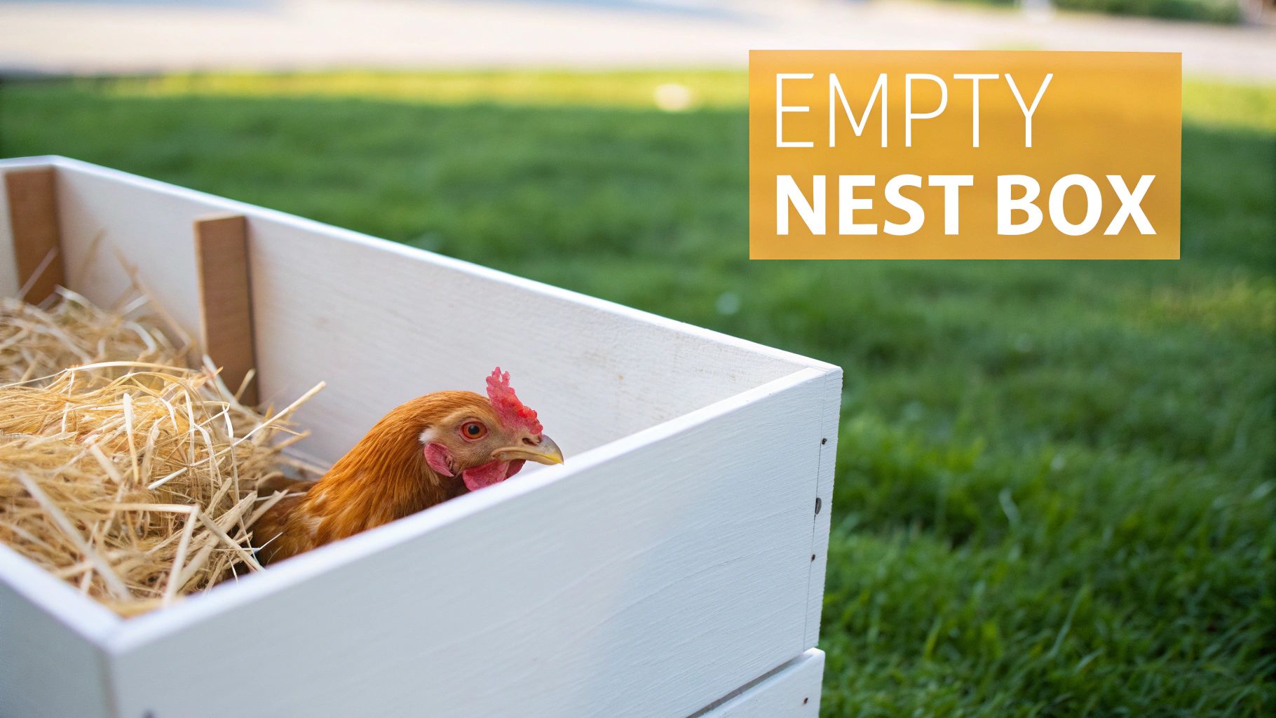 A brown chicken sits in a white wooden nest box filled with straw, in a grassy outdoor setting.