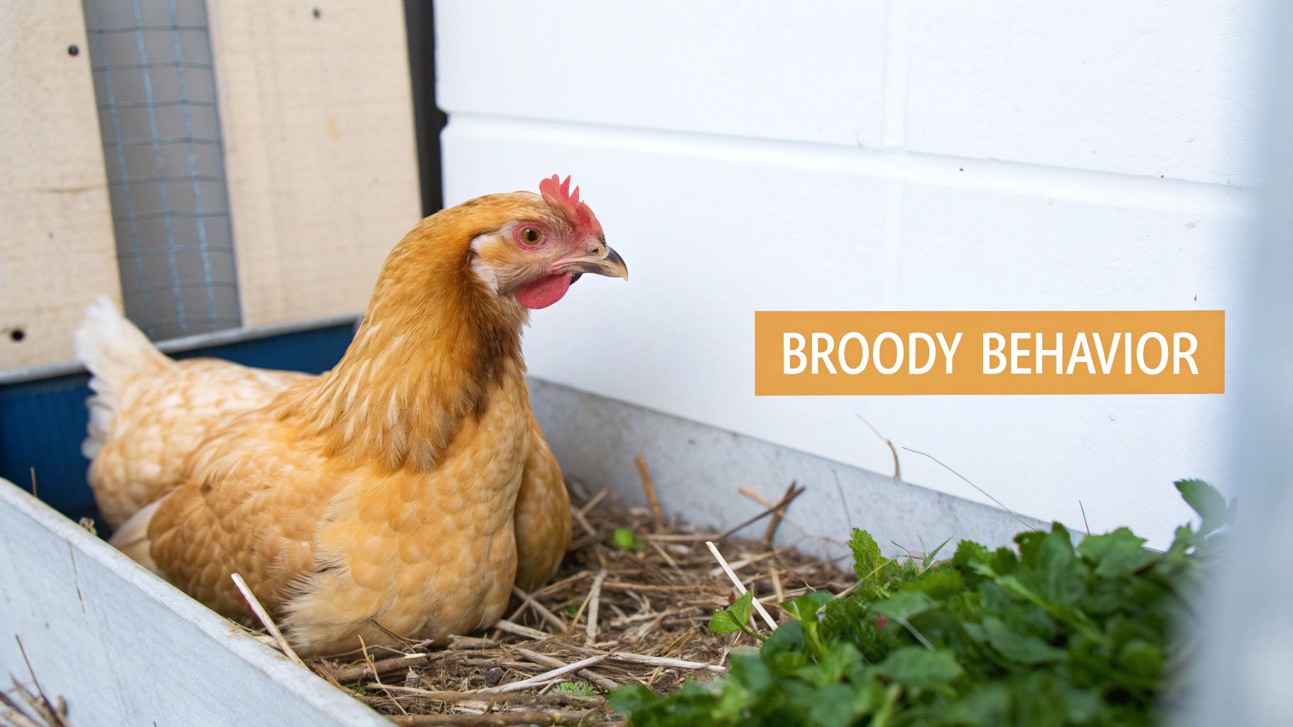 A light brown hen sits in a nest box with straw, next to text 'BROODY BEHAVIOR'.