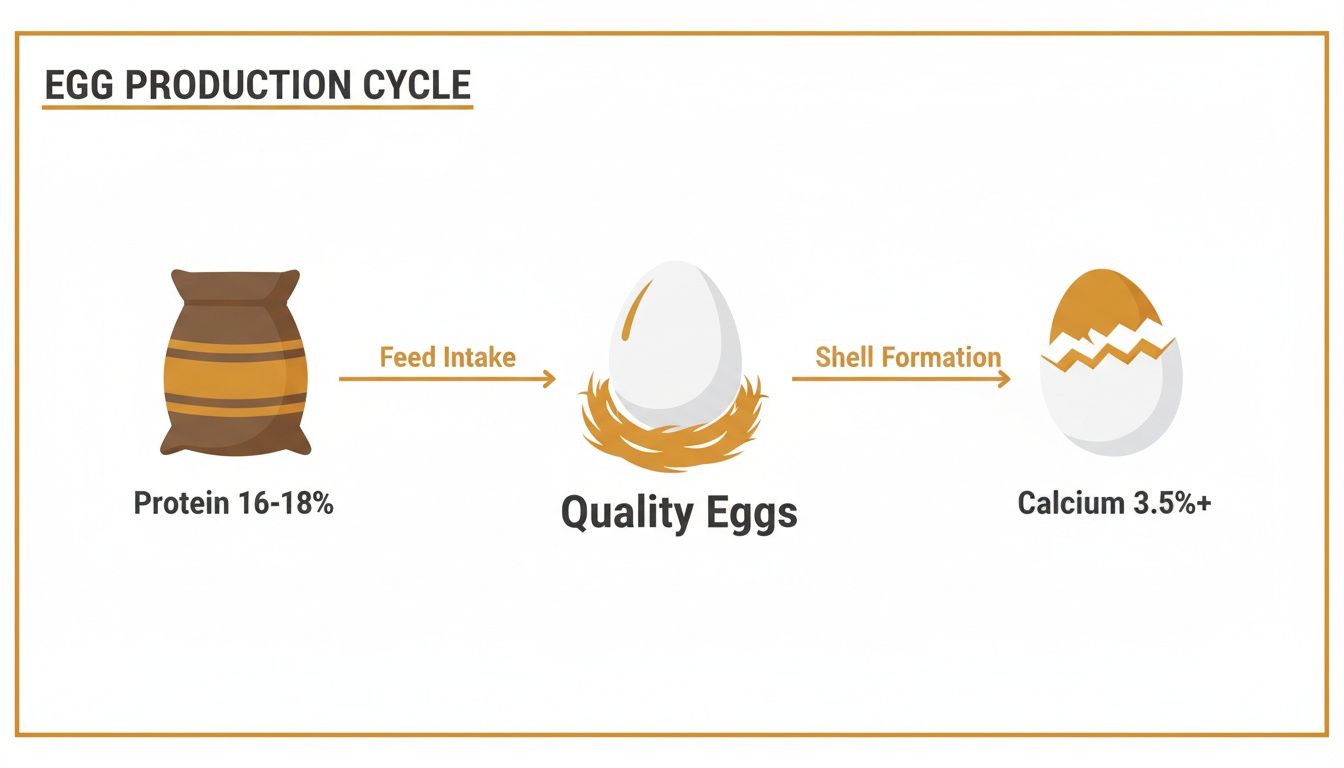 Diagram showing the egg production cycle from feed intake to quality eggs and shell formation.
