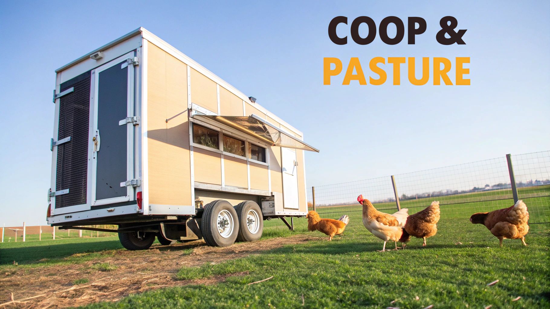 A mobile chicken coop trailer with windows, surrounded by several brown chickens grazing on green pasture.