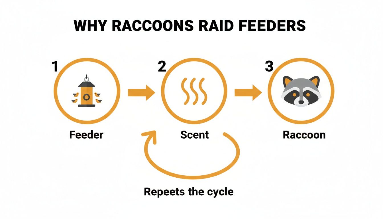 Diagram showing a cycle from a bird feeder to scent, attracting raccoons, explaining why they raid.