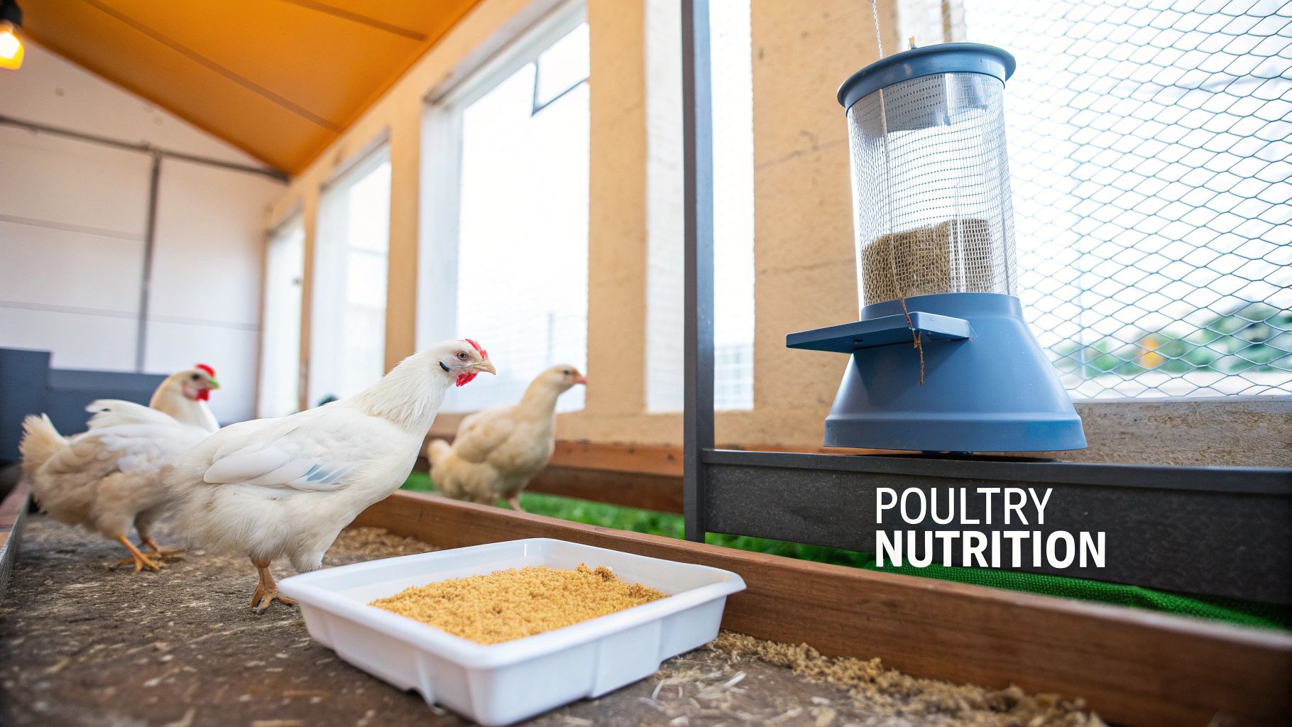 A small chick eating from a feeder filled with feeder filled with poultry feed