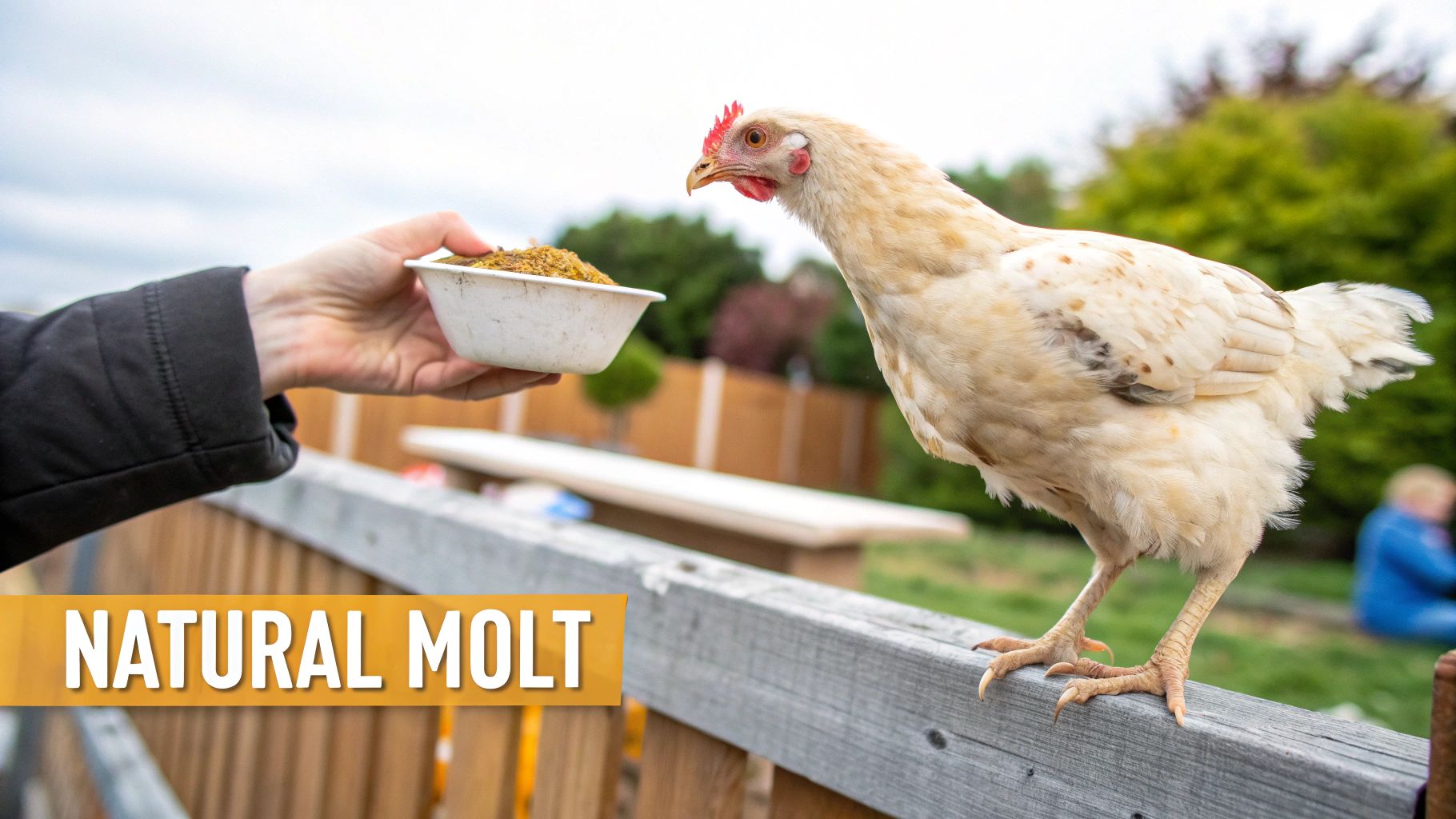 Person hand-feeding nutritious molt supplement to light-colored chicken perched on wooden fence railing