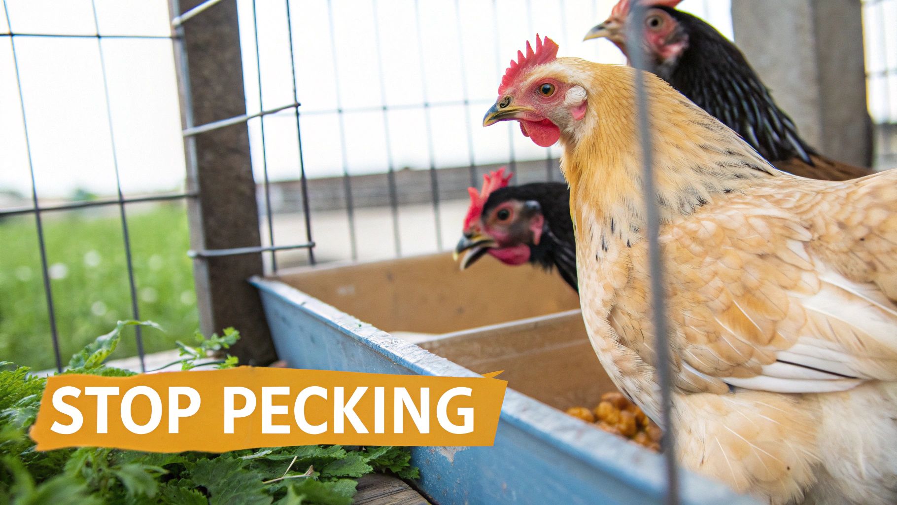 Chickens gathered around feeding tray in wire coop with stop pecking text overlay