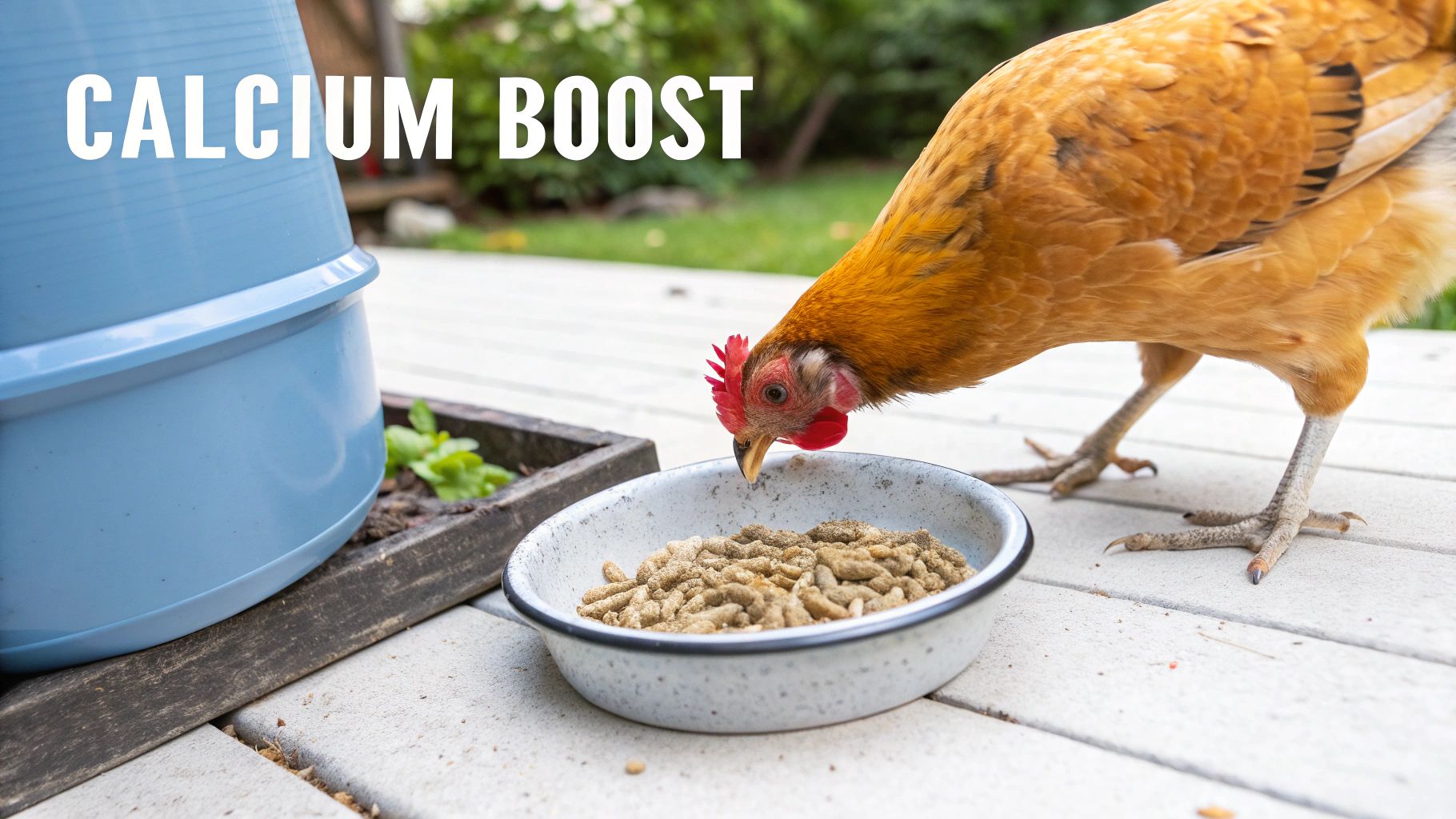 A golden-brown chicken with a red comb eats pellets from a white bowl, with 'CALCIUM BOOST' text.