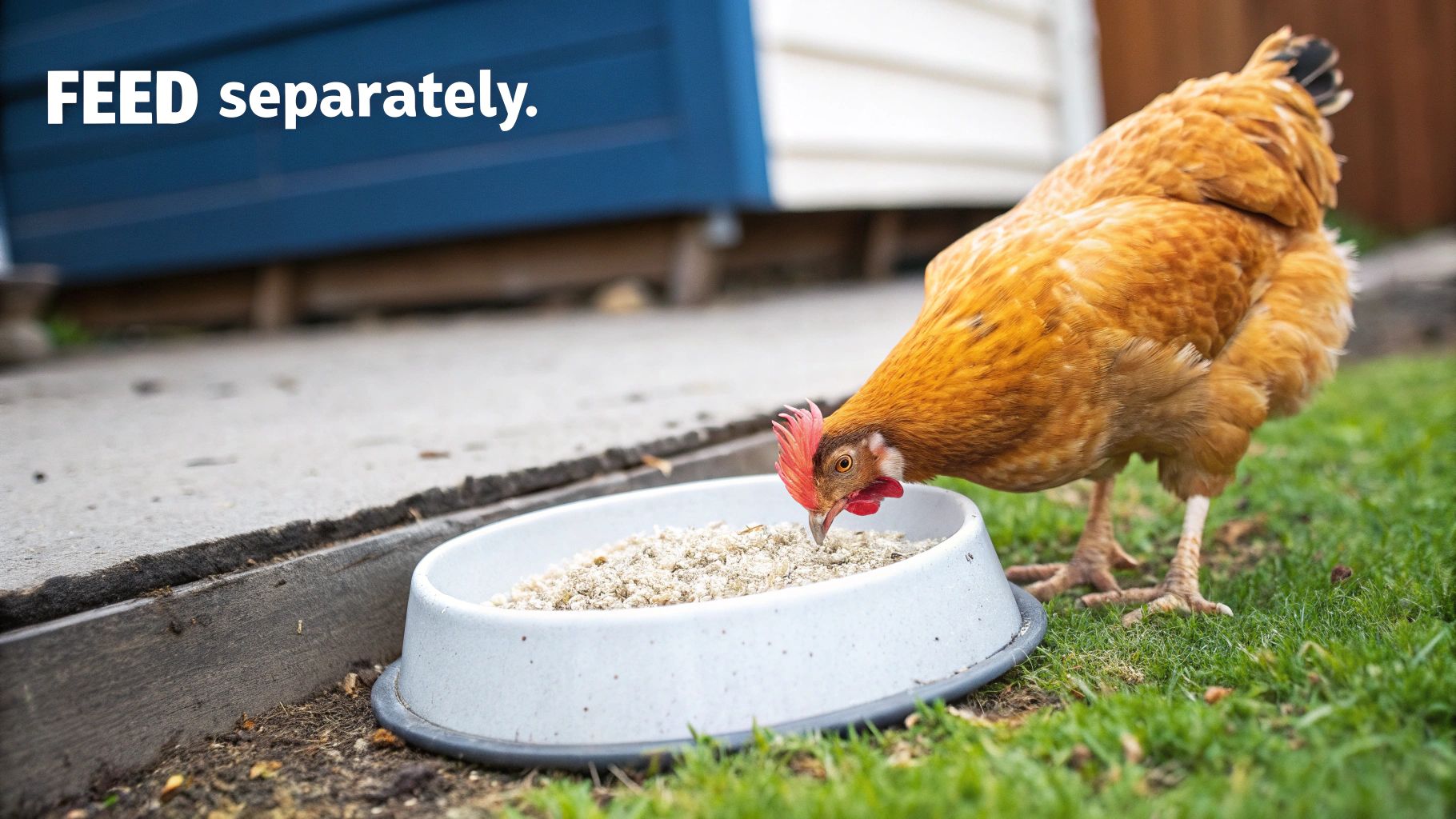 A brown chicken with a red comb eating from a white food bowl on grass next to concrete.