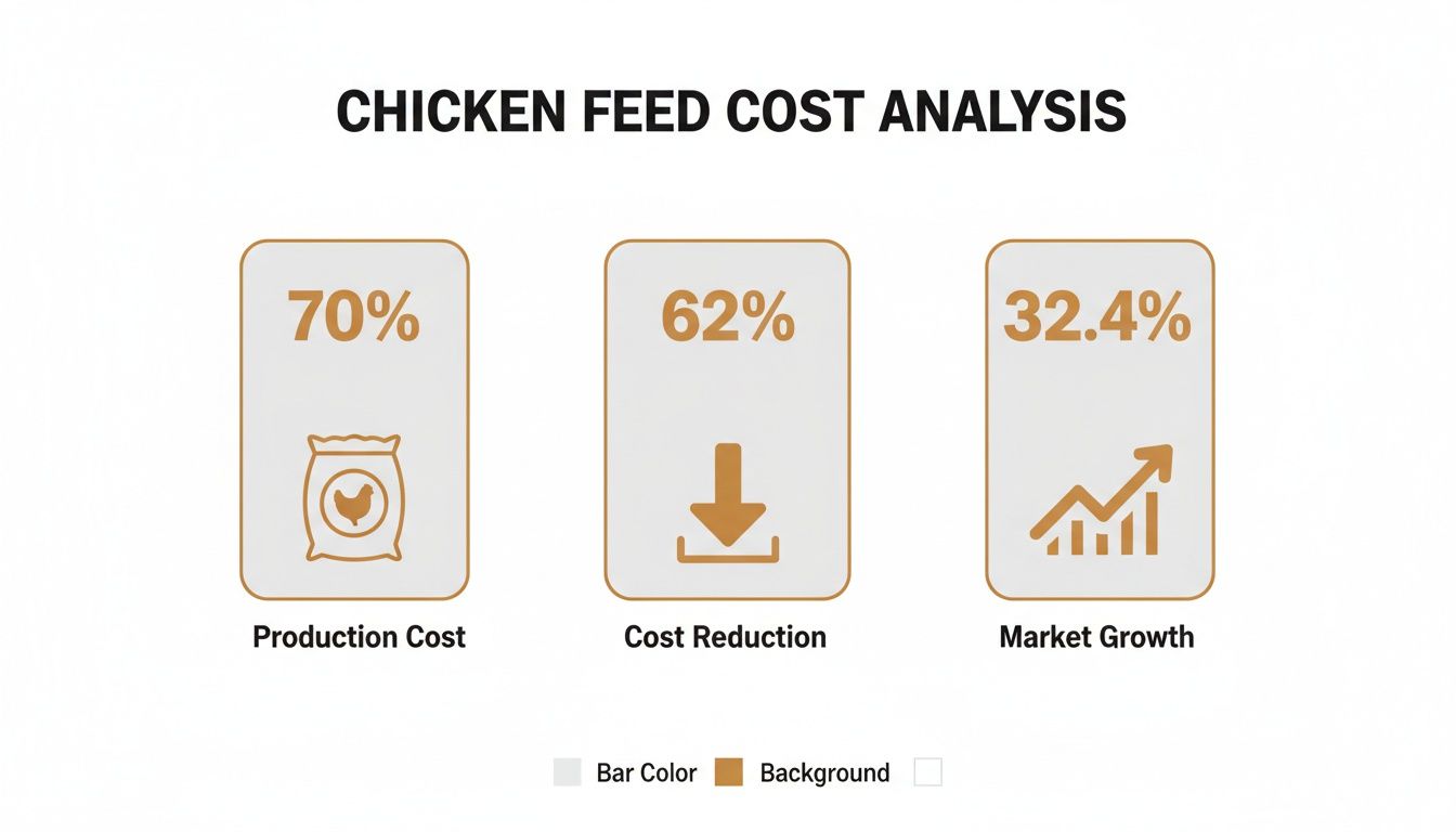 Infographic displaying chicken feed cost analysis, showing production cost, cost reduction, and market growth percentages.