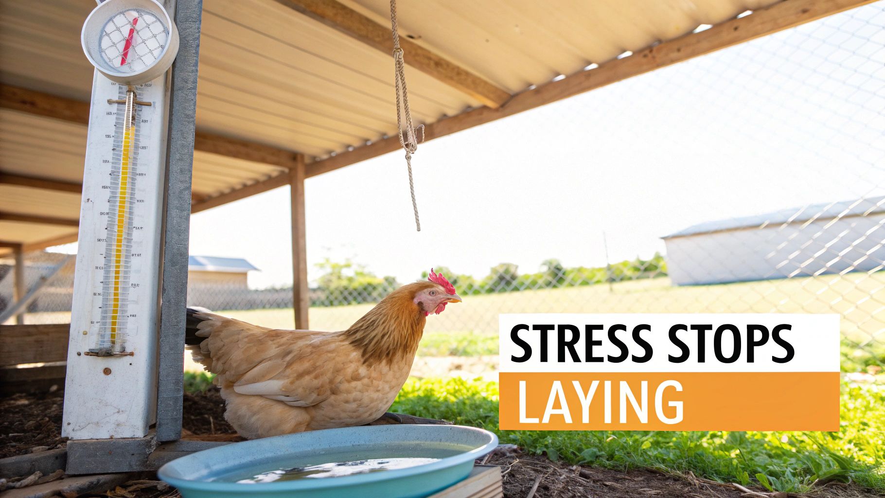 A light brown hen drinking water under a metal roof, with a thermometer and 'Stress Stops Laying' text.