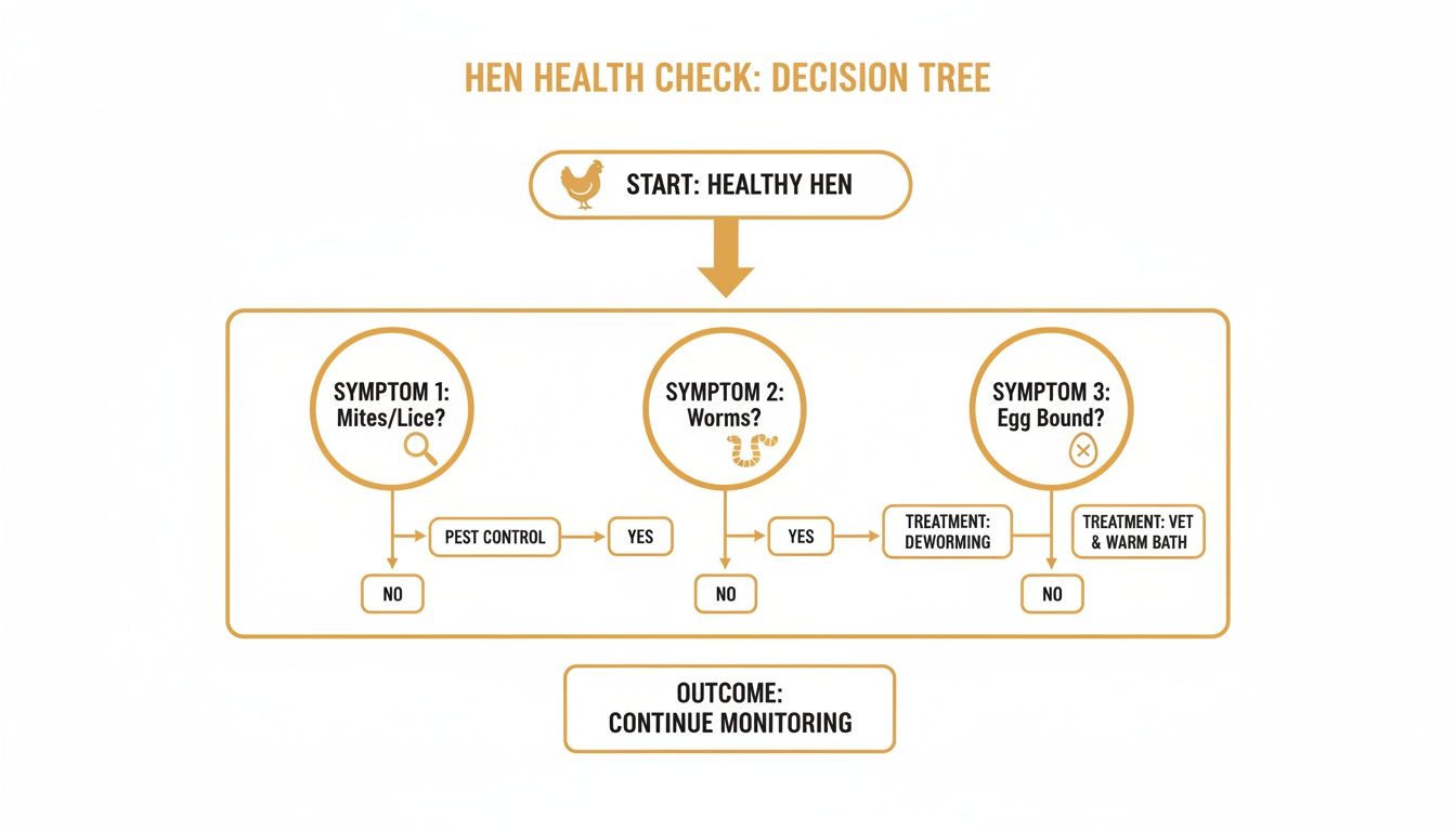 A decision tree flowchart illustrating hen health checks, including symptoms for mites, worms, and being egg bound, along with recommended treatments.