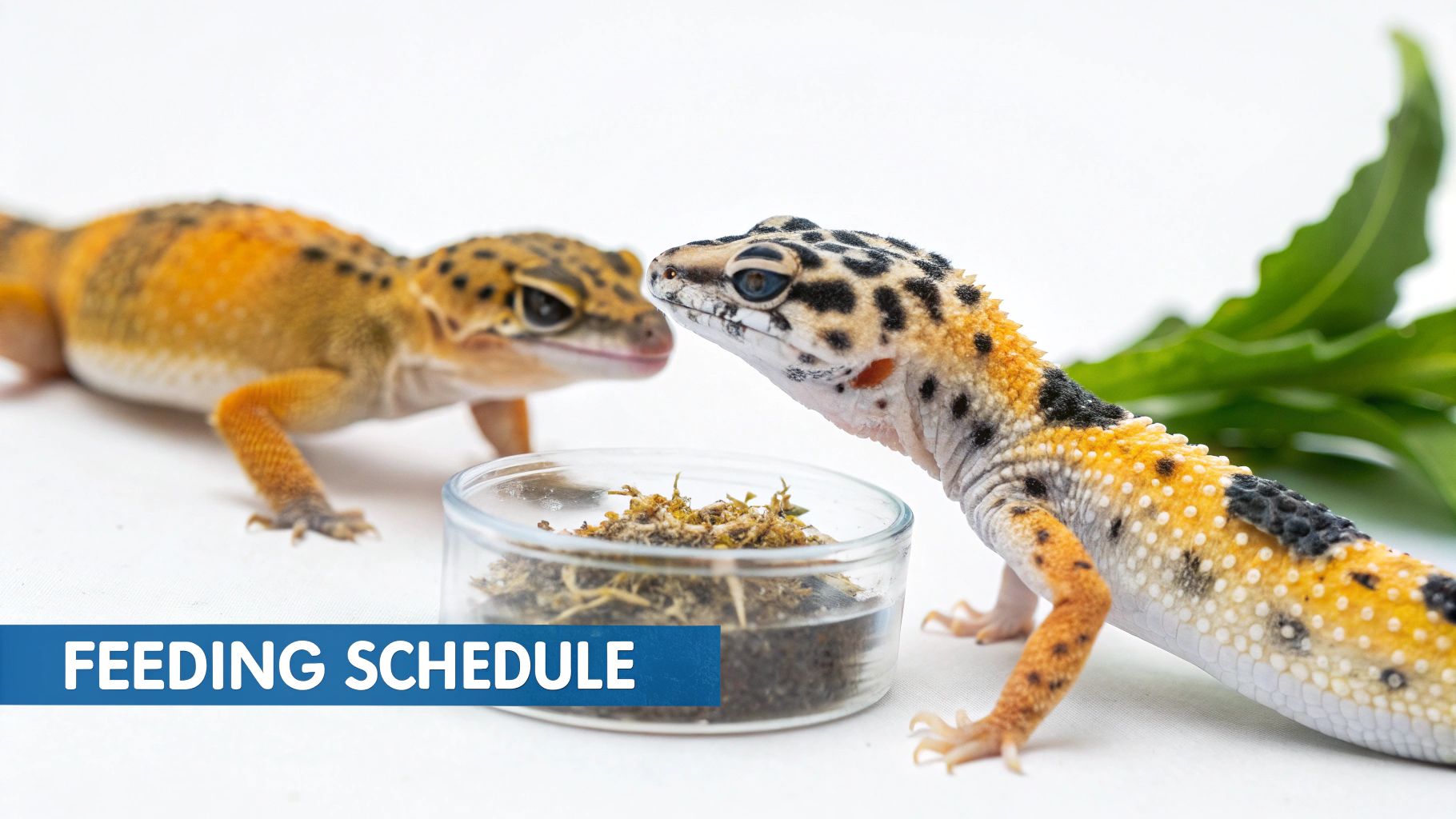 Two vibrant leopard geckos interacting around a food bowl, with text 'FEEDING SCHEDULE'.